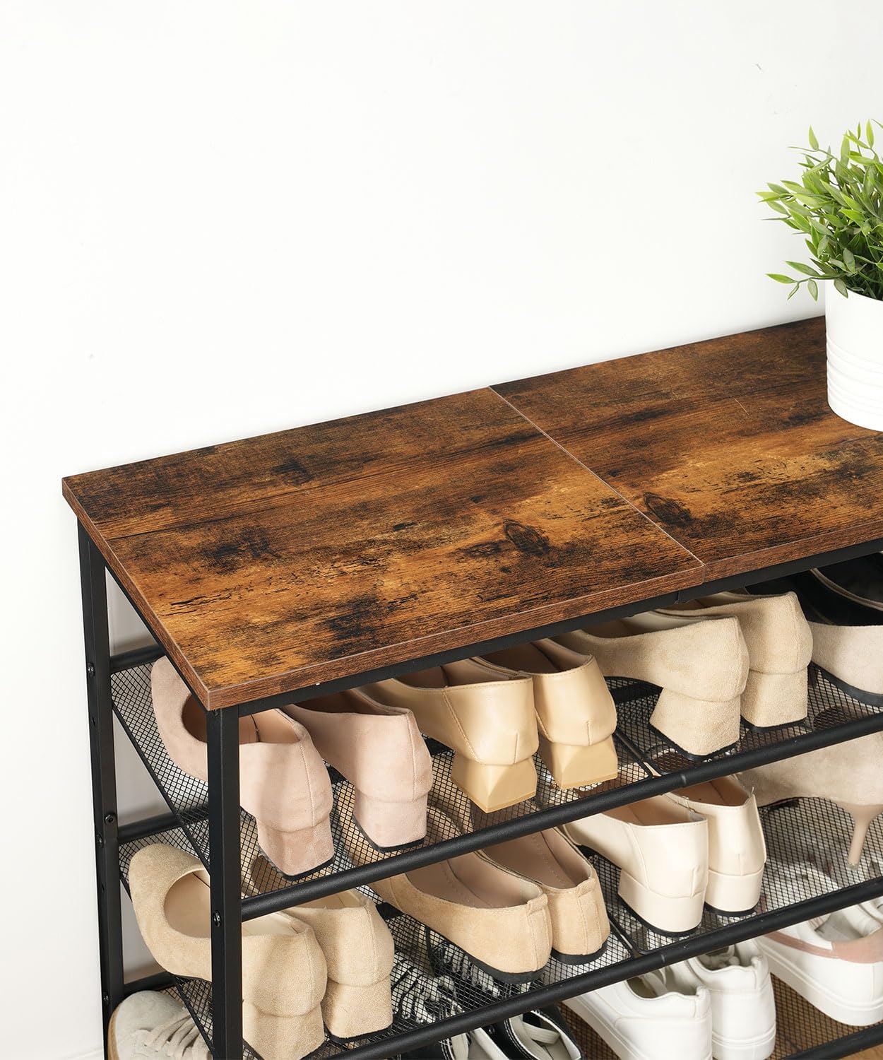 Schuhregal mit verstellbaren Metallgitterregalen (4 Ebenen), Dunkelbraun + Schwarz 75 x 30 x 69 cm