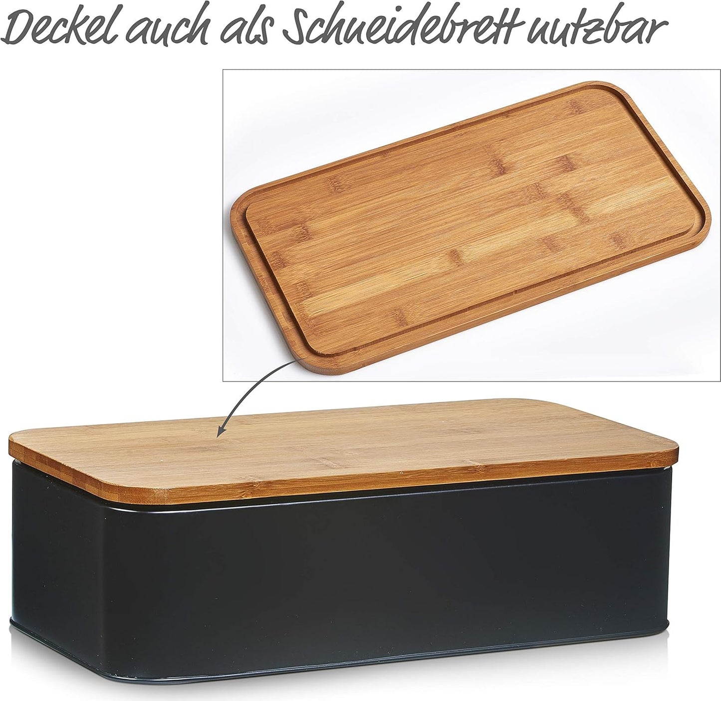 Brotkasten mit Bambusdeckel, Schwarz ; 42,5 x 23 x 13 cm