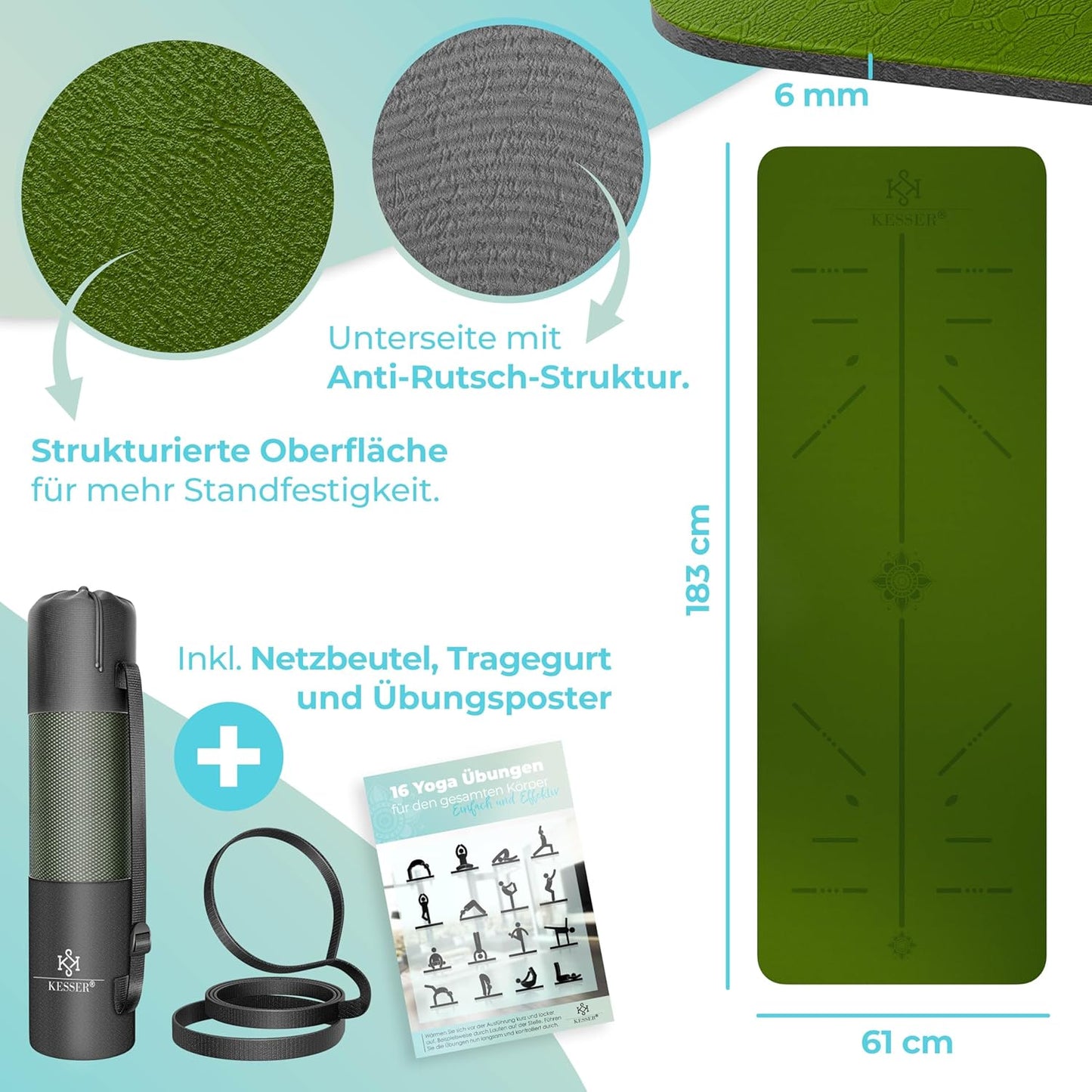 Rutschfeste Gymnastikmatte mit Tragegurt, Grün