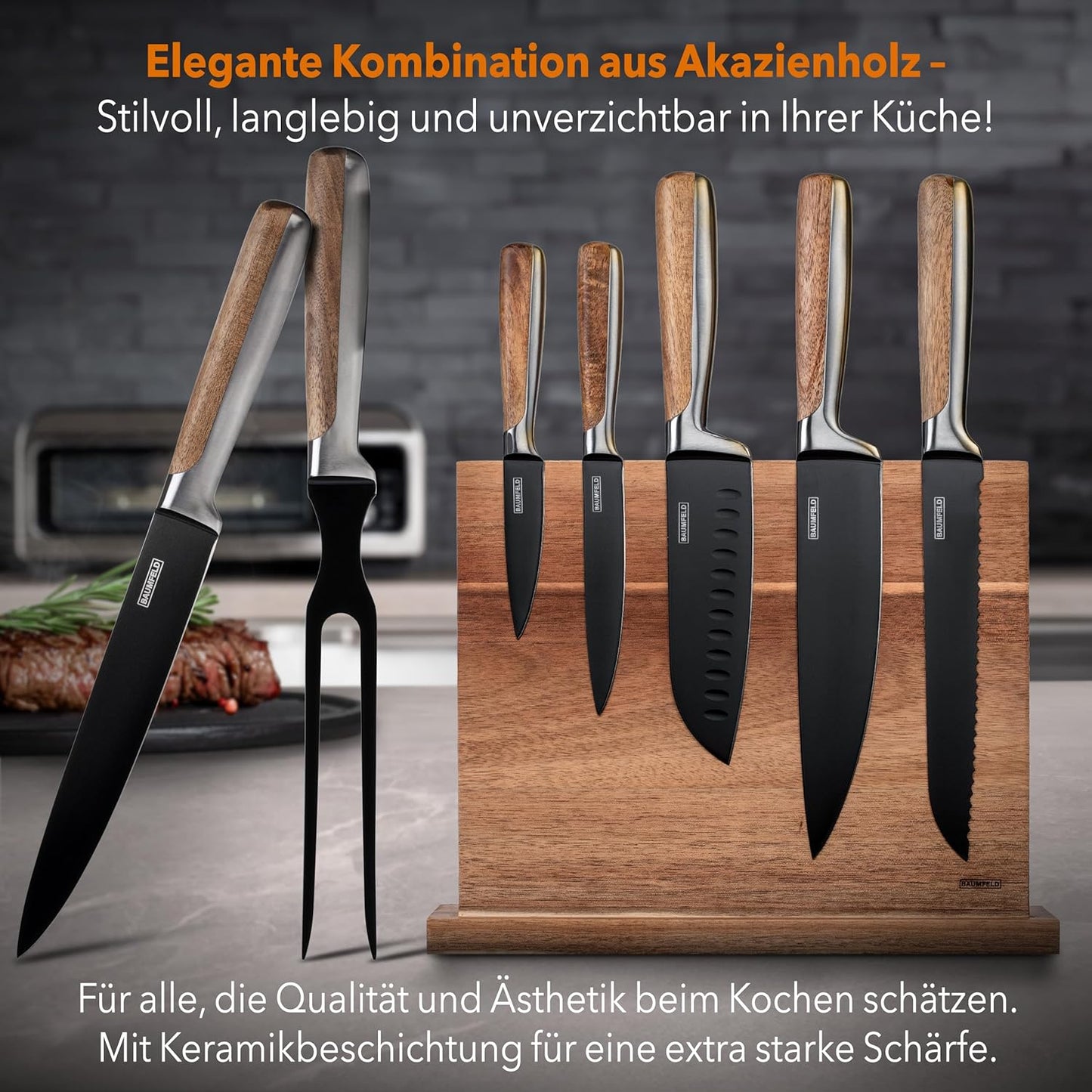 6-teiliges Messerblock-Set, Schwarz Keramikbeschichteter Edelstahl + Tranchierbesteck