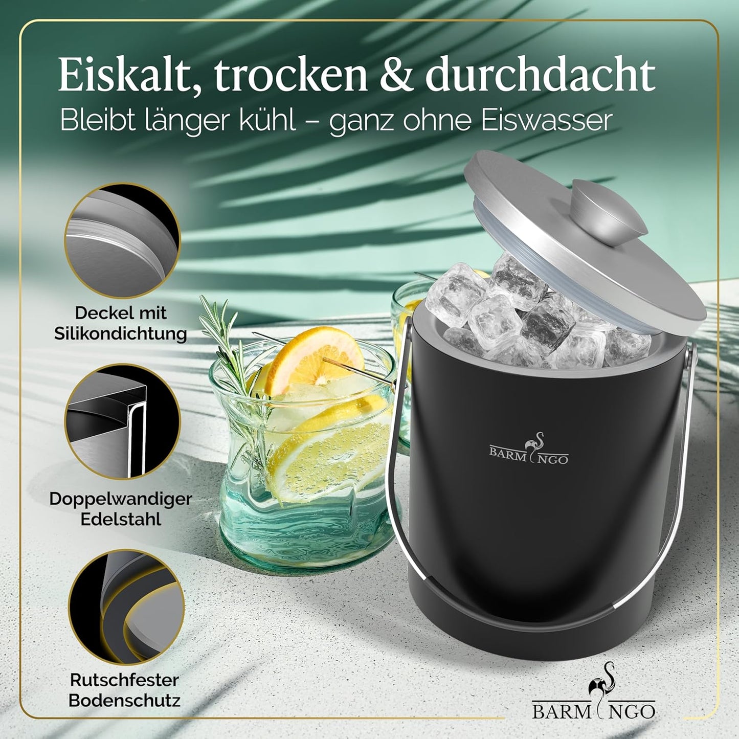 Eiswürfelbehälter mit Deckel, Schwarz-Silber