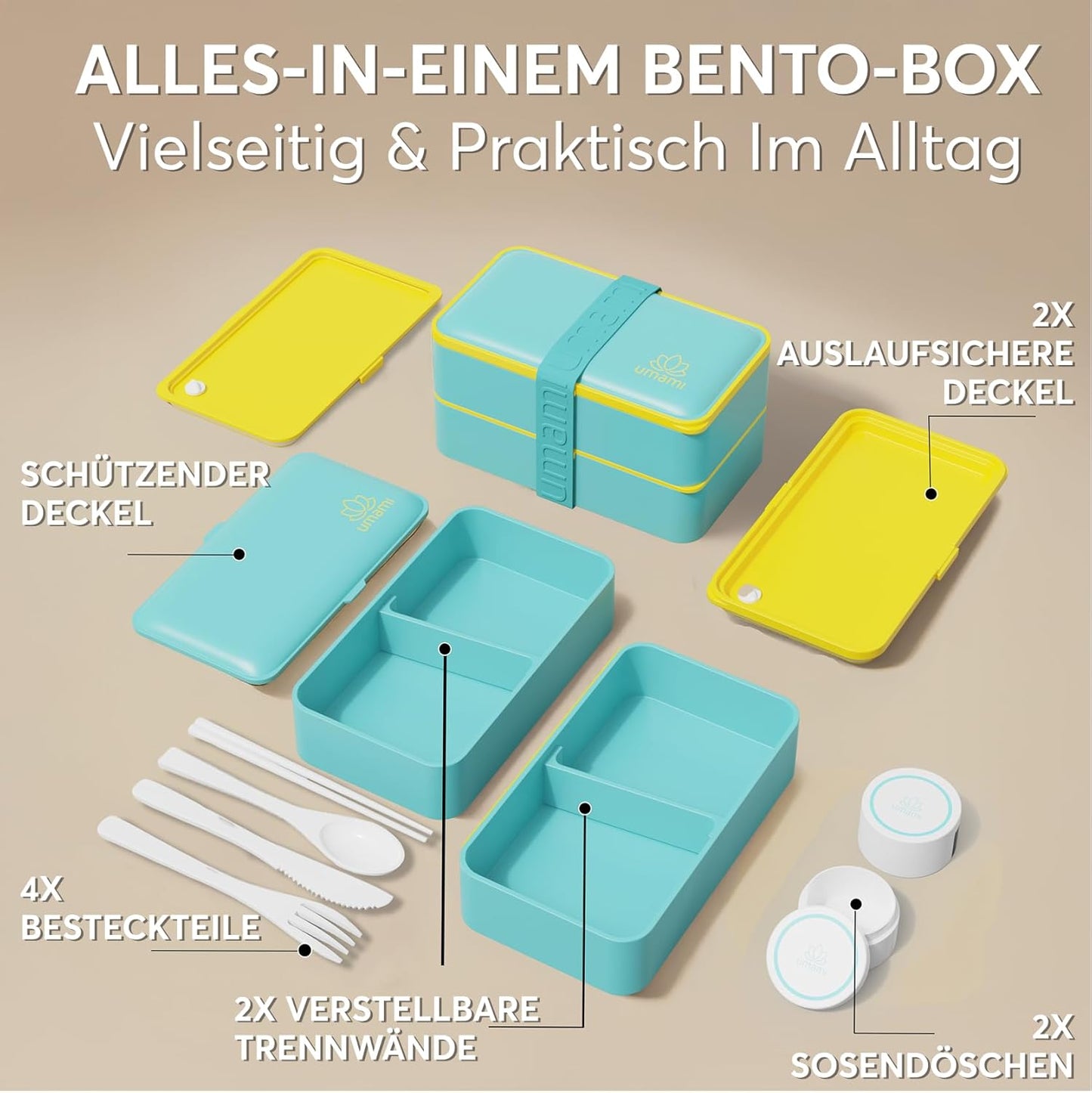 All-in-1 Bento Lunchbox mit Besteck und Saucenbehältern, Frisches Türkis M - 1200 ml