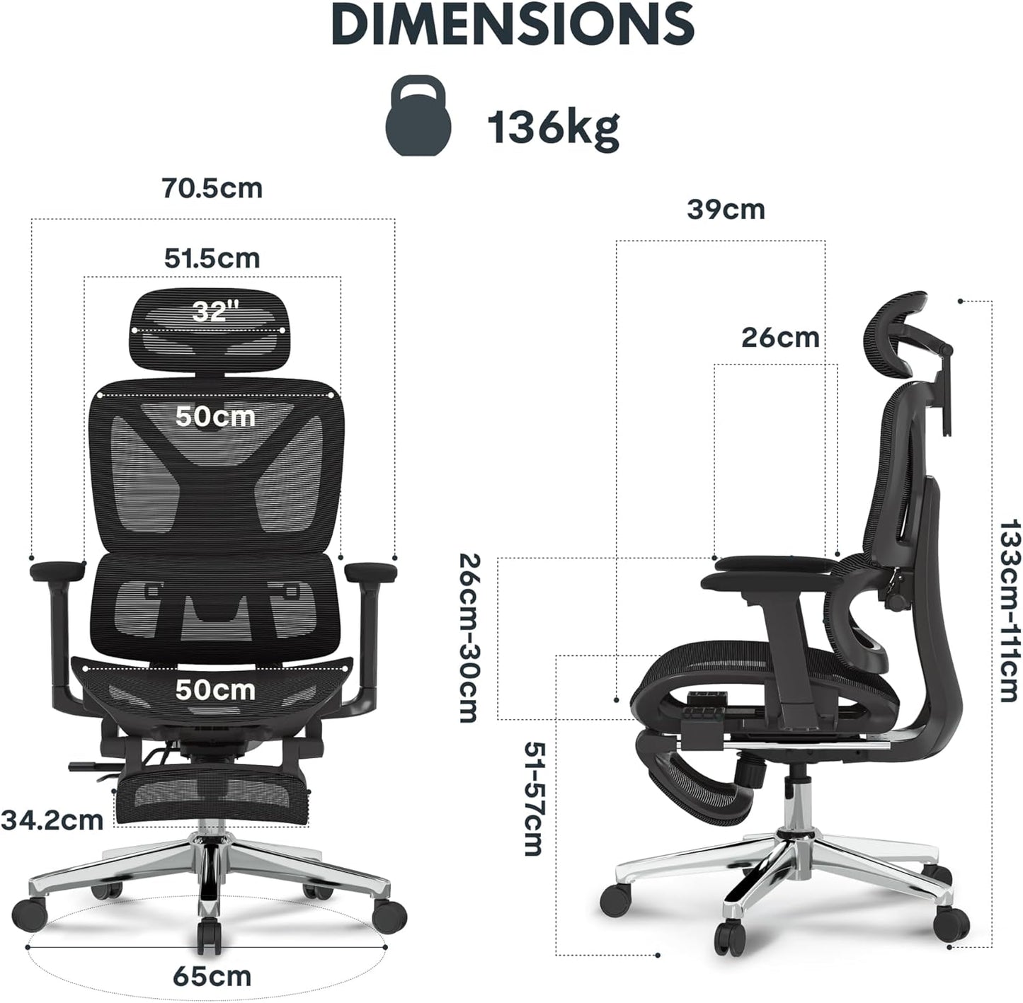 Ergonomischer Bürostuhl mit Fussstütze, 3D-Funktionen, Schwarz(mit Fussstütze) Lite