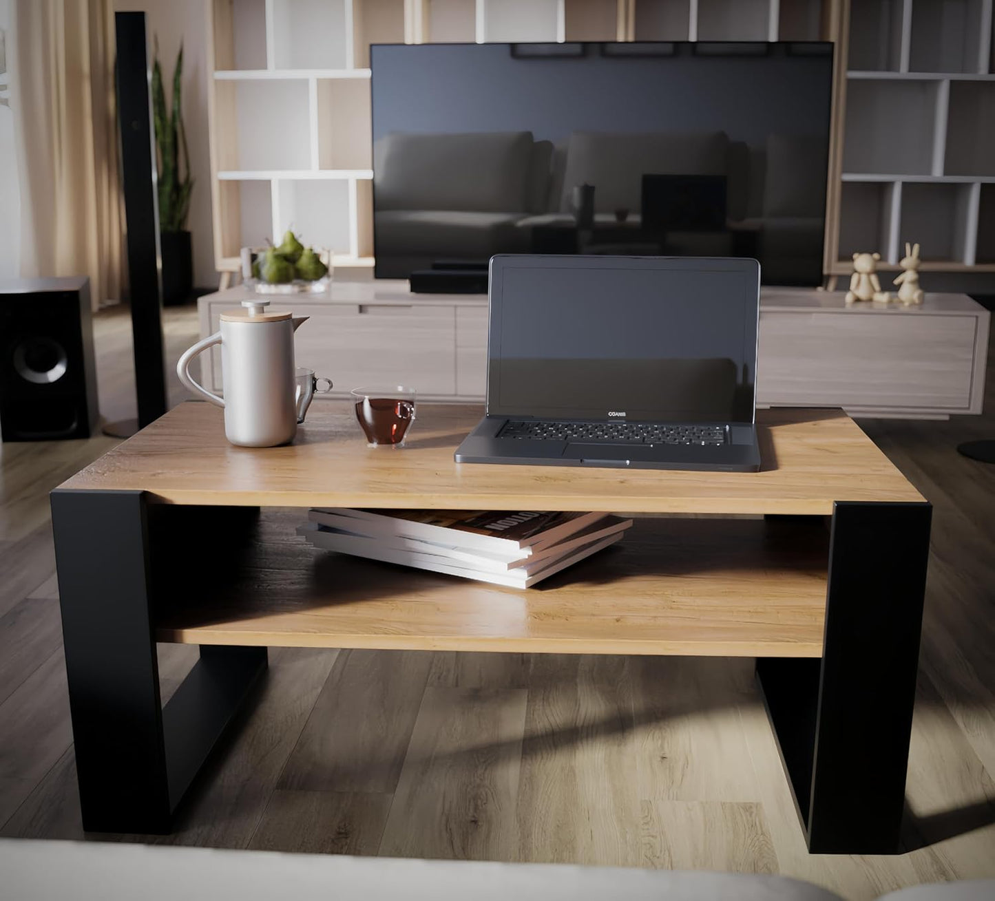 Couchtisch mit Stauraum, Schwarz + Eiche