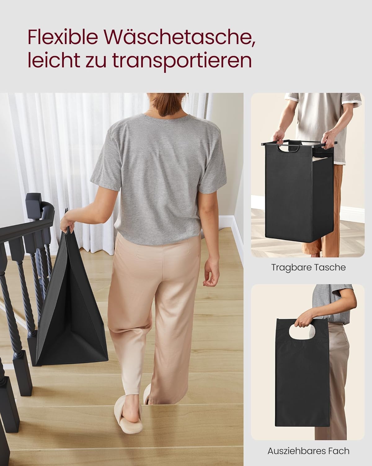 Wäschesammler mit Ablage und 2 Fächer, Tintenschwarz + Vintagebraun 92 L (2 Fächer)