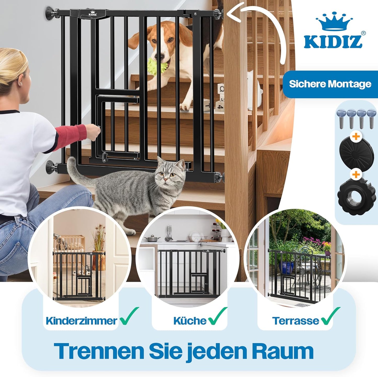 Absperrgitter mit Katzenklappe, Autoclose-Funktion, 74-80 cm Schwarz