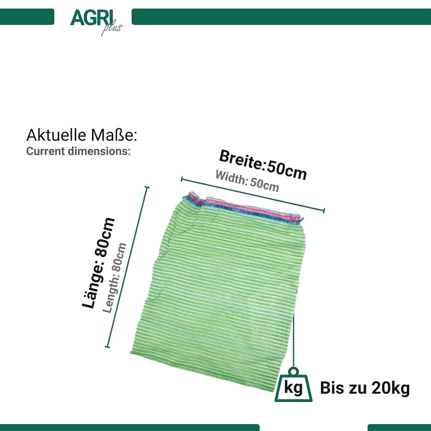 100er-Pack Gemüsesäcke mit Zugband, 20 kg - 50 x 80 cm Grün