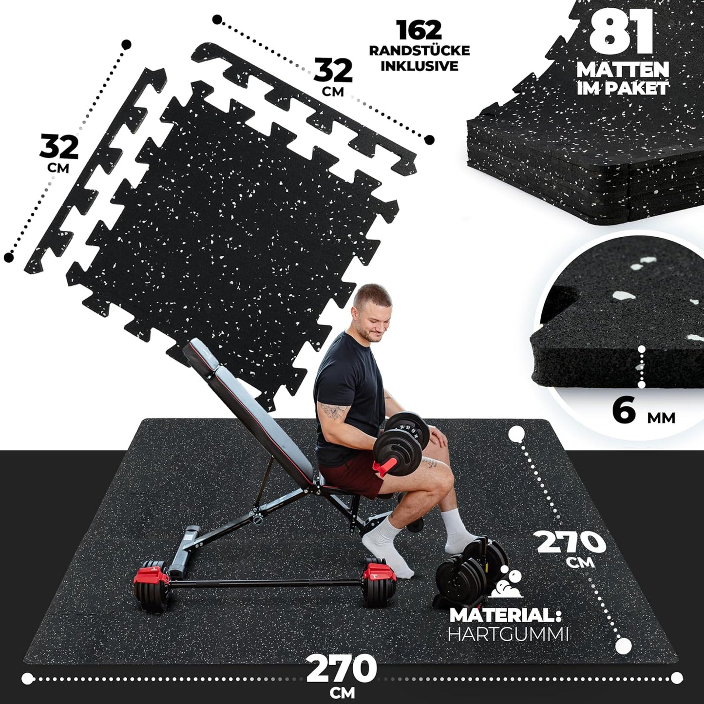 Bodenschutz-Puzzlematte-Set (81 Stück, 7,59 m²), Rubber | 81 Matten | 7,59 M² 30L x 30B x 0.6D cm