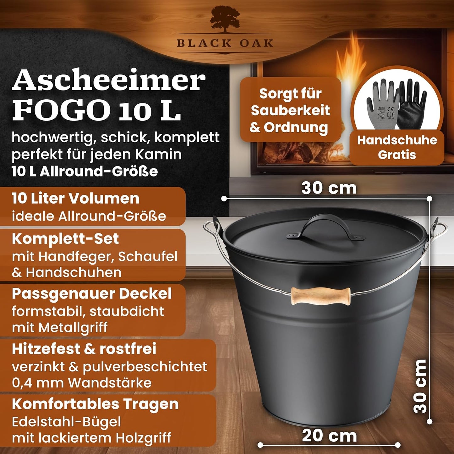 Ascheeimer Fogo mit Kehrset, Fogo 10L Eimer + Kehrset