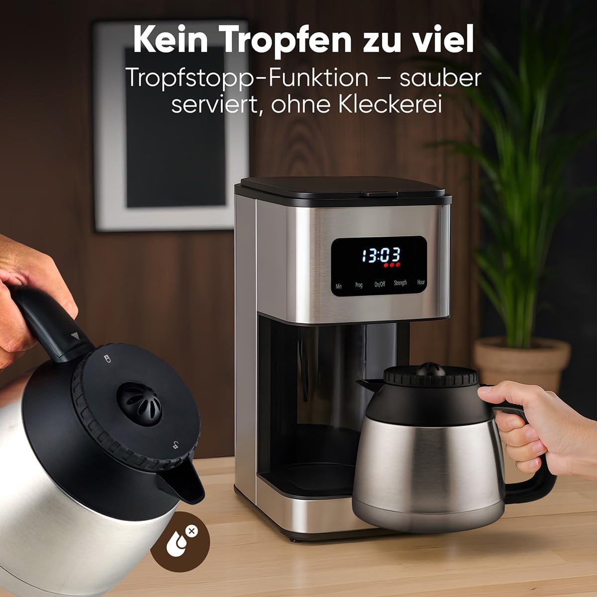 Kaffeemaschine PC KA 1300 mit Thermoskanne und Aromawahl, Edelstahl