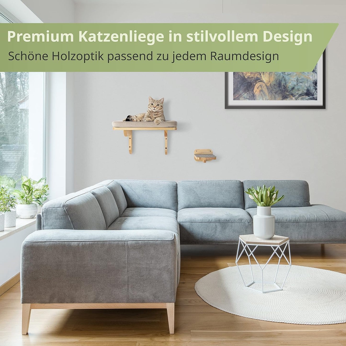 4-teilige Kletterwand für Katzen mit Wand-Kratzbaum, Massivholz