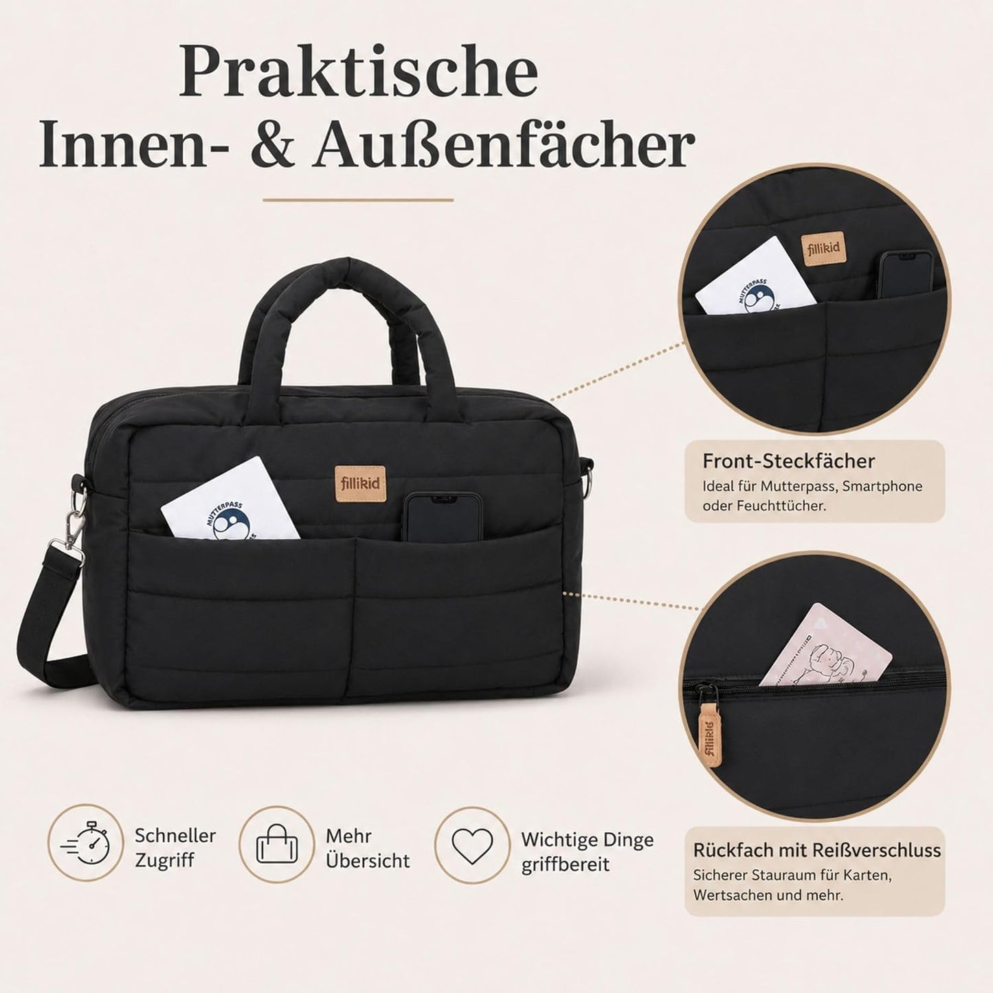 Wickeltasche Toulouse mit Wickelauflage & Fächern, Schwarz