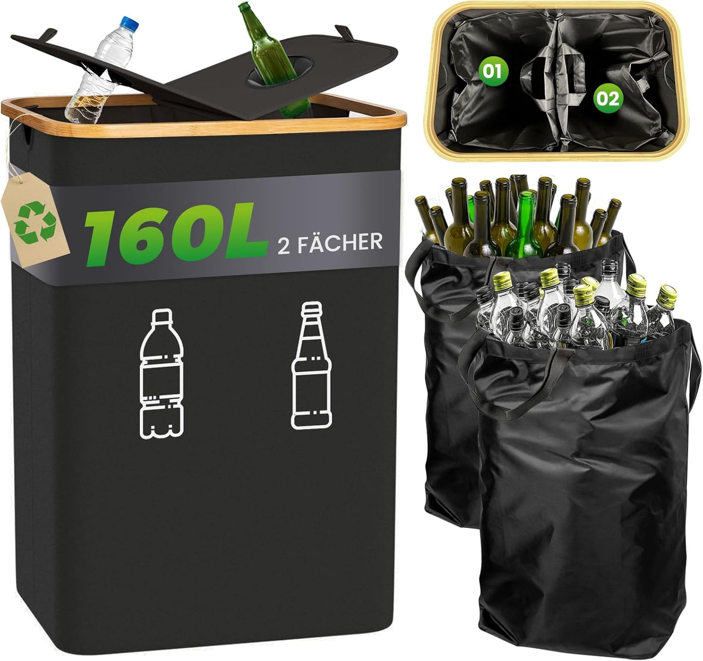 Pfandflaschen Sammelbehälter mit 2 Fächern (160L), Schwarz-schmetterlingsklappe|160L