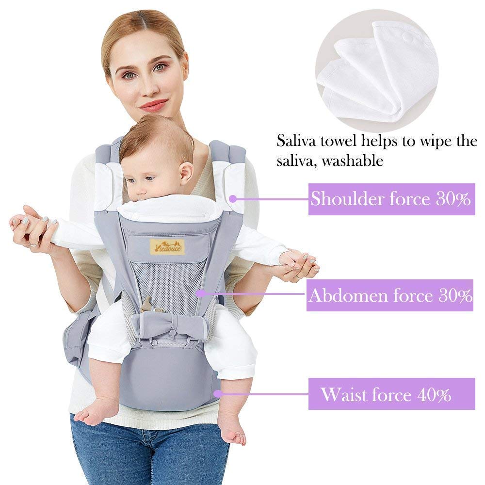 Ergonomische Babytrage mit Hüftsitz, Grau mit Hüftsitz
