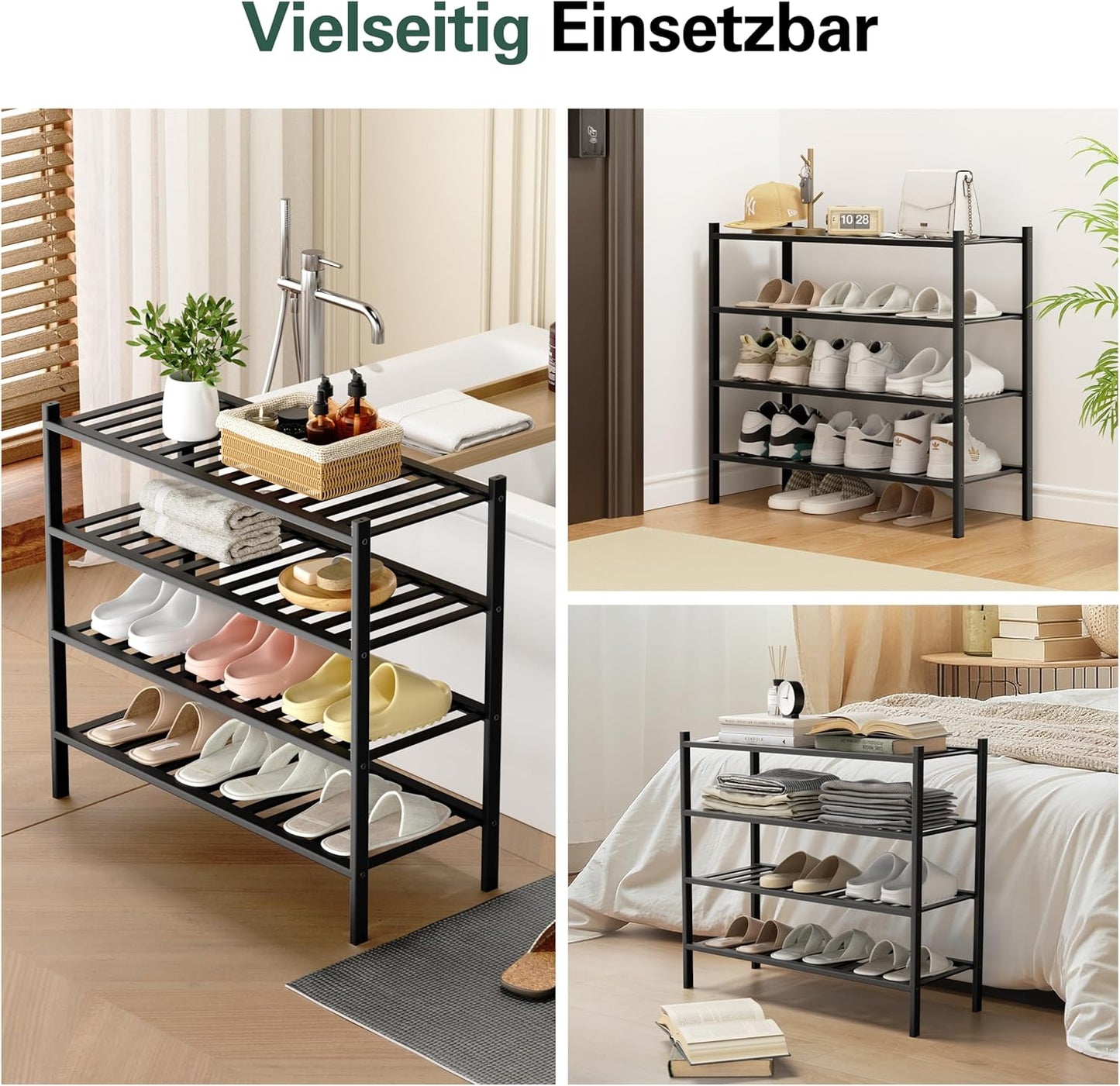 Schuhregal aus Bambus, 4-Ebenen stapelbar, 4 Ebenen Schwarz