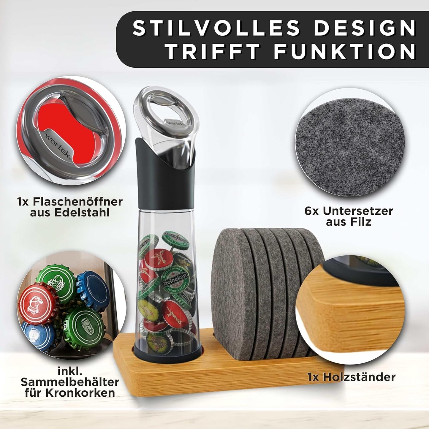 Flaschenöffner mit Auffangbehälter, Untersetzer-Set und Halterung, Mit Halterung