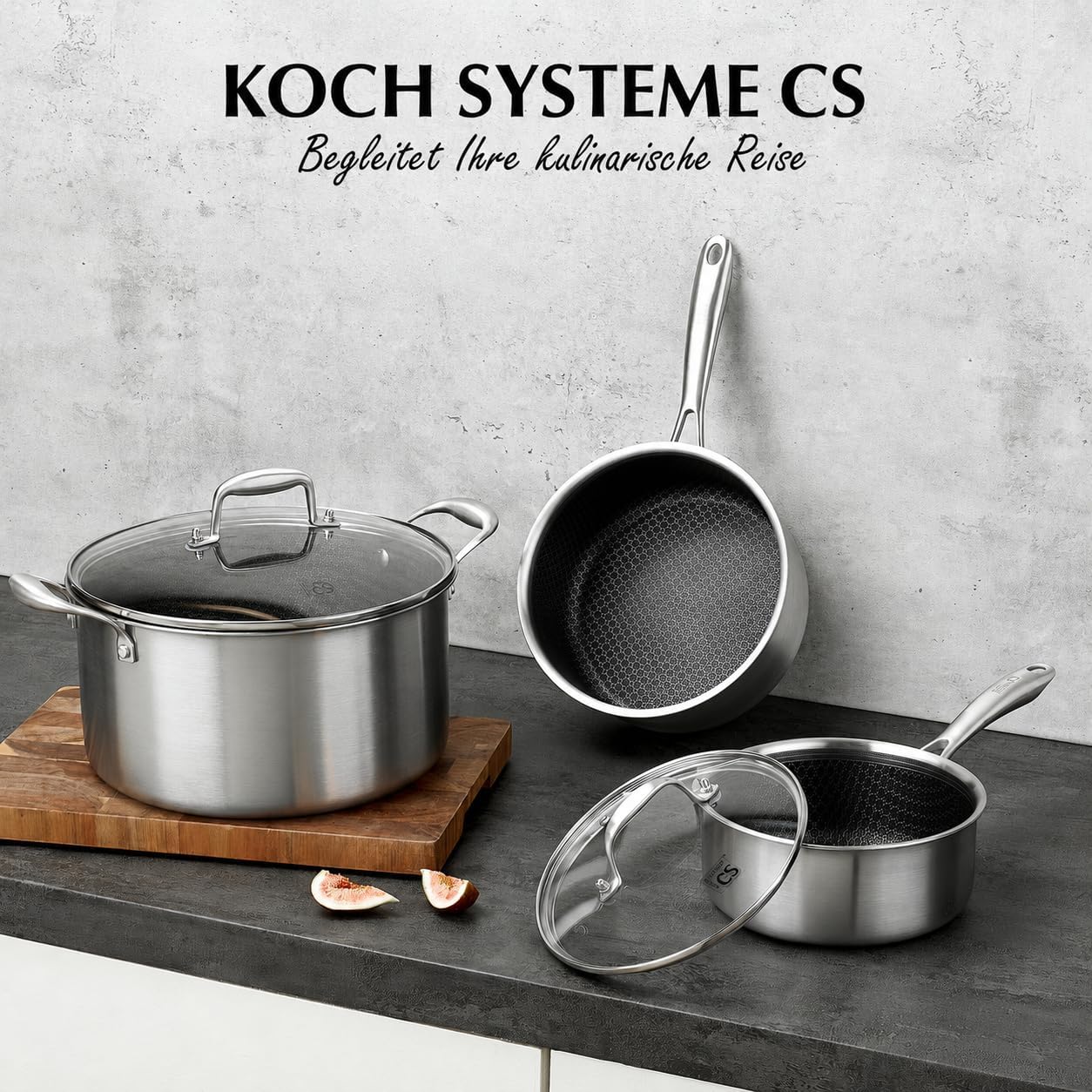 Edelstahl-Topfset mit Hybrid-Antihaftbeschichtung (6-teilig), 18cm+20cm+26cm