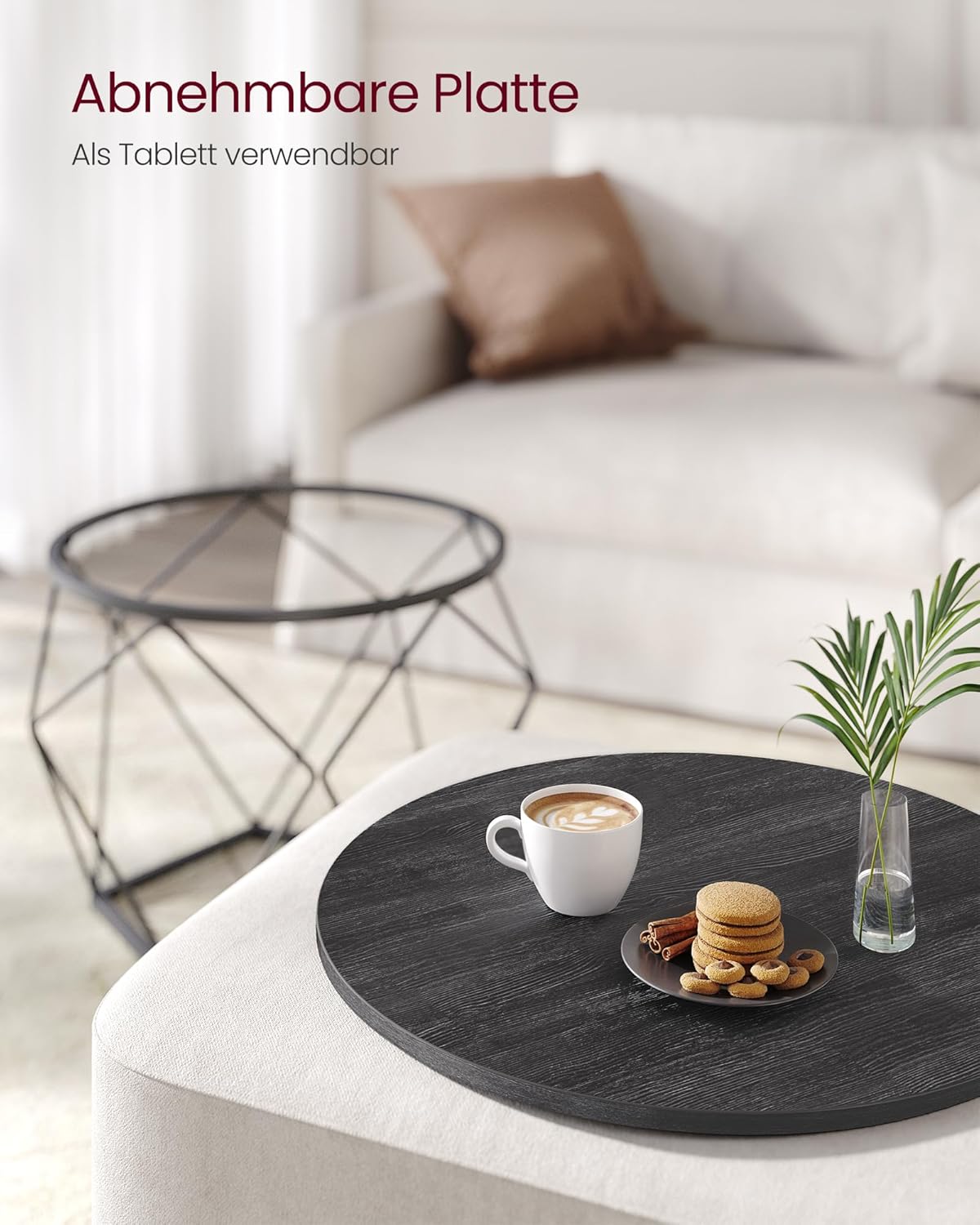 Runder Couchtisch 2er-Set mit abnehmbarer Platte, LCT041B22, 60 cm d, 45 cm H Tintenschwarz