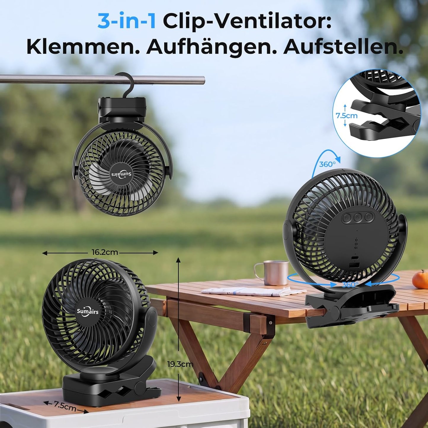 Tragbarer USB-Campingventilator mit Akku und Lampe, 14cm