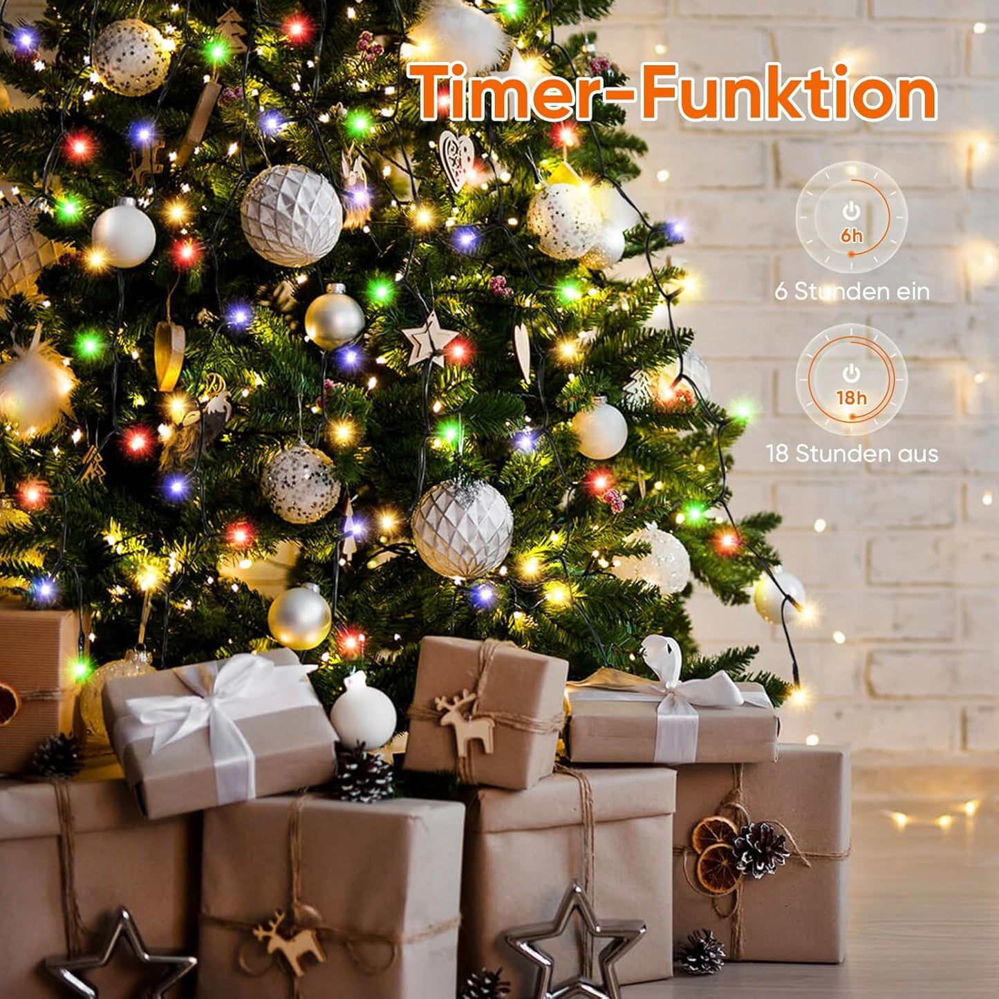 Christbaumbeleuchtung mit Ring und 8 Girlanden, Bunt / 2m