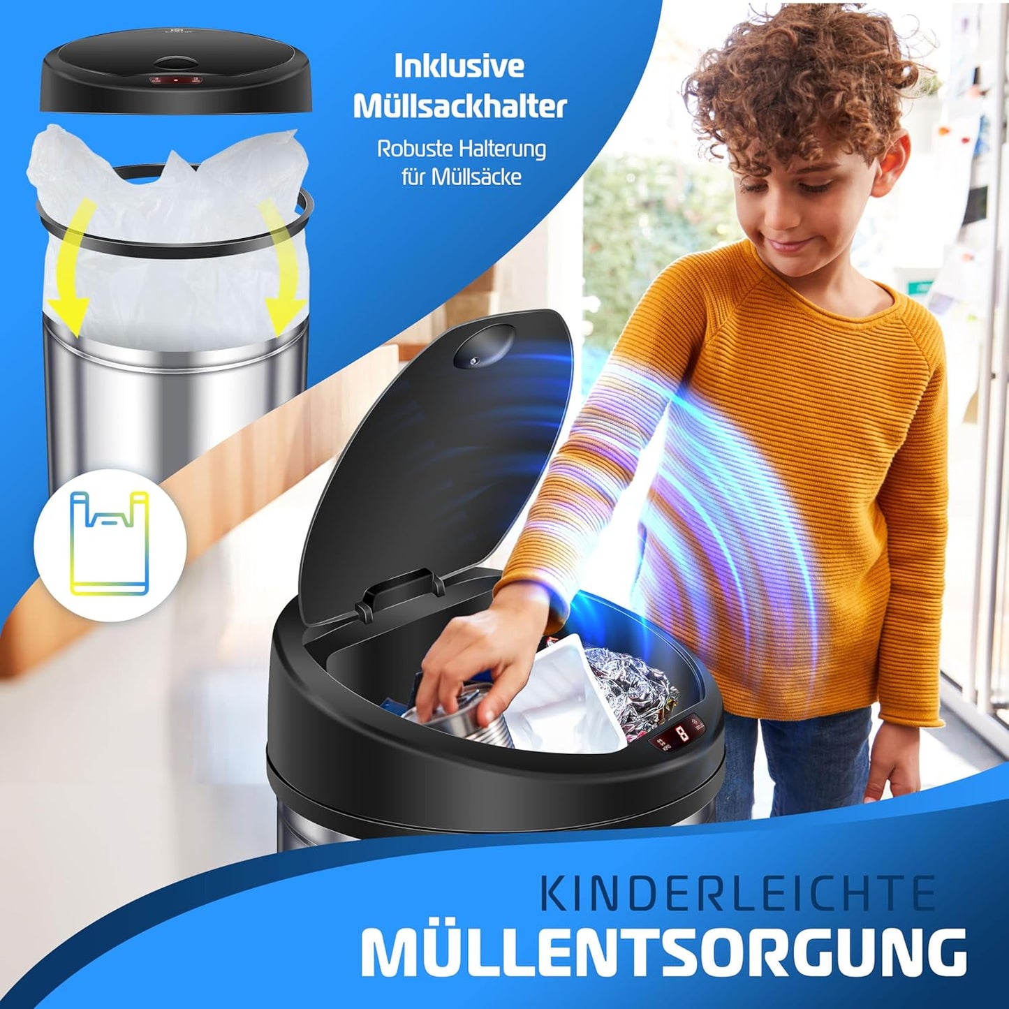 Sensor Abfalleimer mit Automatiköffnung, 56 Liter silber / schwarz