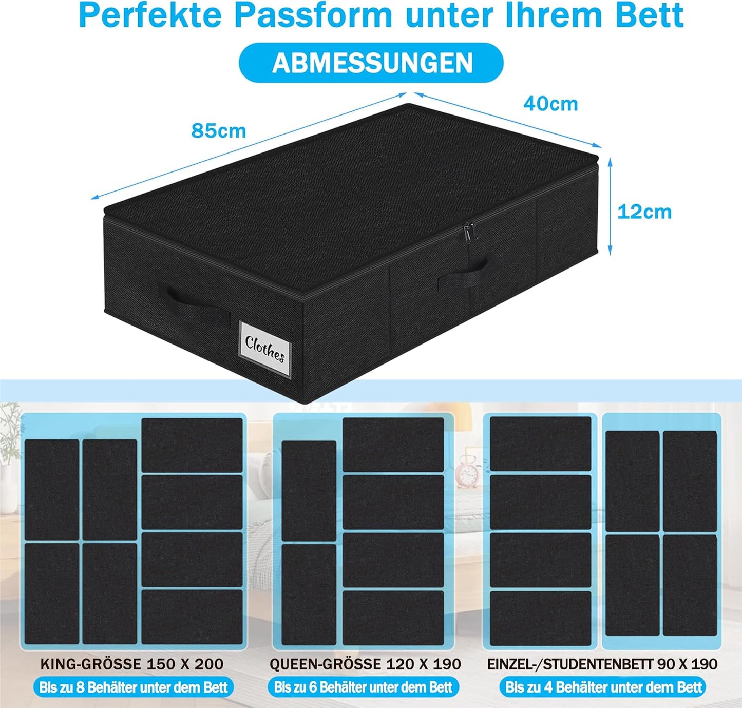 4er-Set faltbare Unterbett-Aufbewahrungsboxen, Schwarz-4pcs