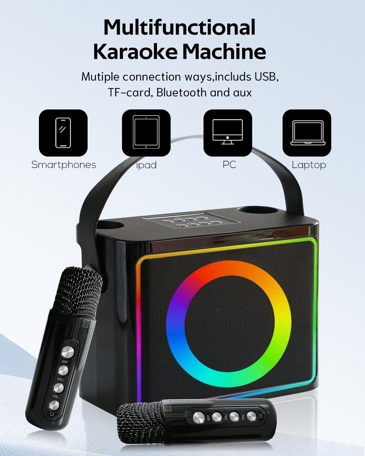 Tragbare Karaoke-Anlage mit 2 Mikrofonen und RGB Licht
