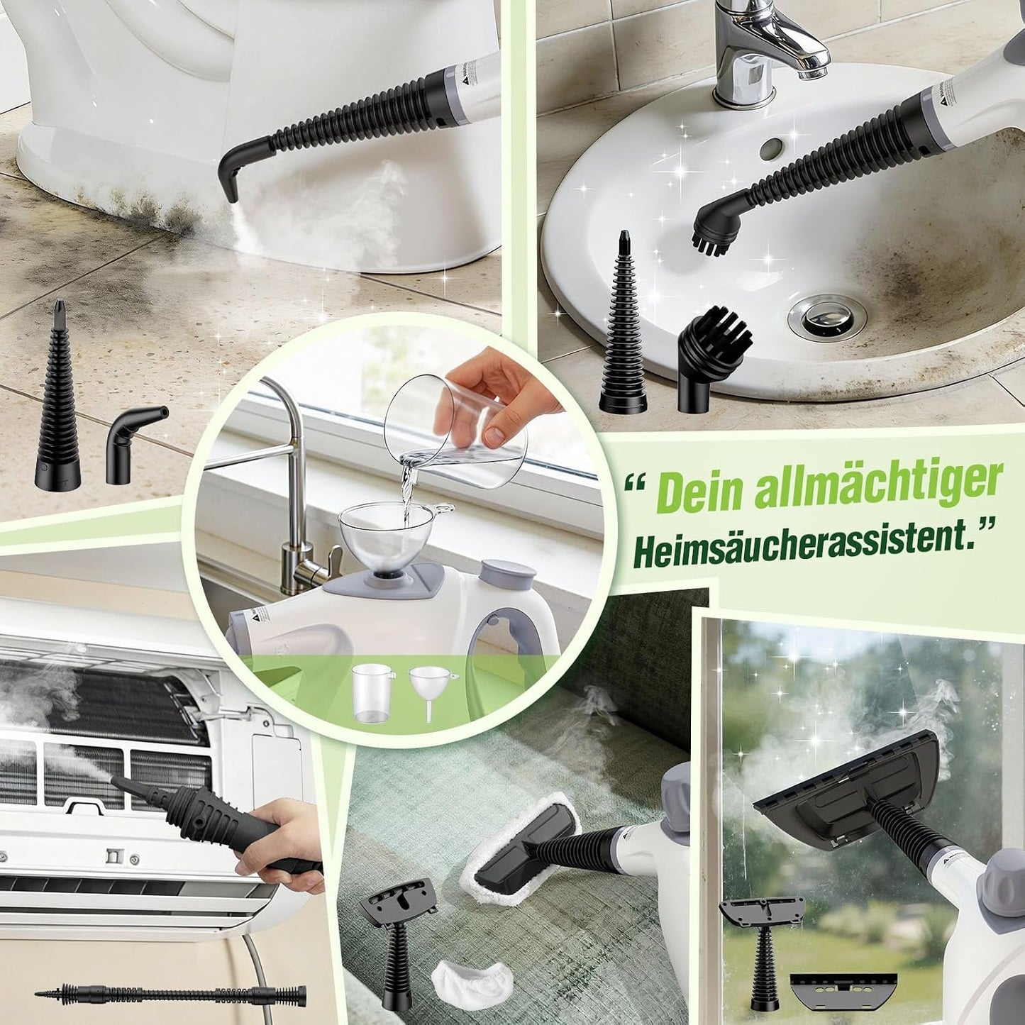 Handdampfreiniger 1050W mit 10 Zubehörteilen, Weiss