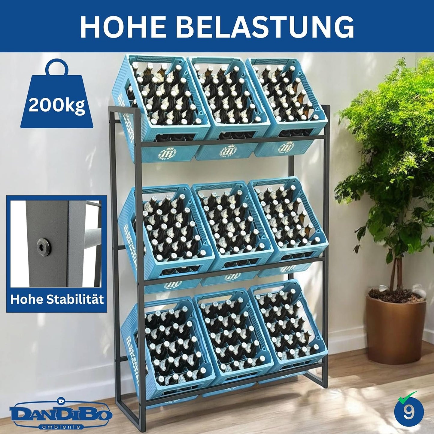 Getränkekistenregal für 9 Kisten, 9 Kisten Breite 105 cm / Hoch 137 cm
