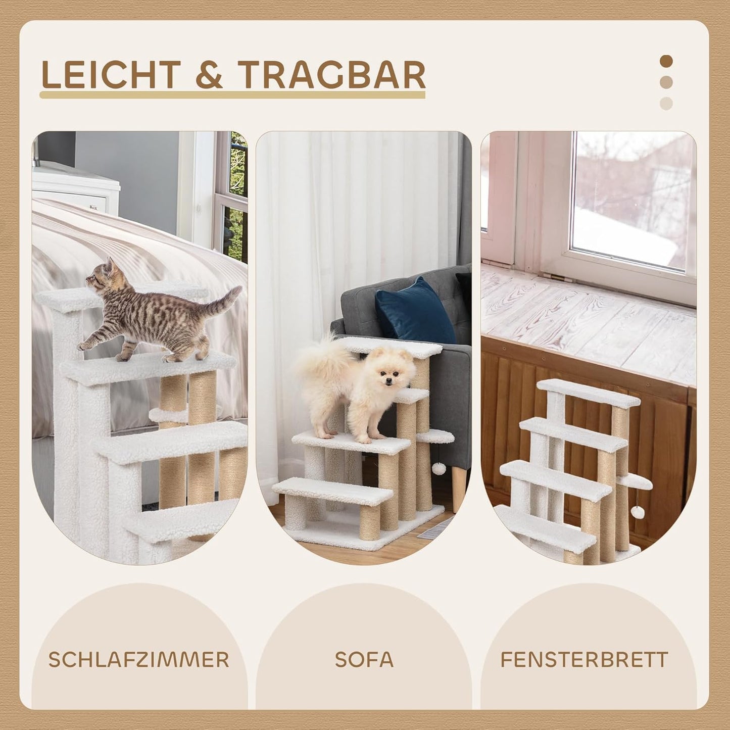 Katzentreppe mit Kratzsäulen und Spielball, 60L x 40B x 64H cm Weiß