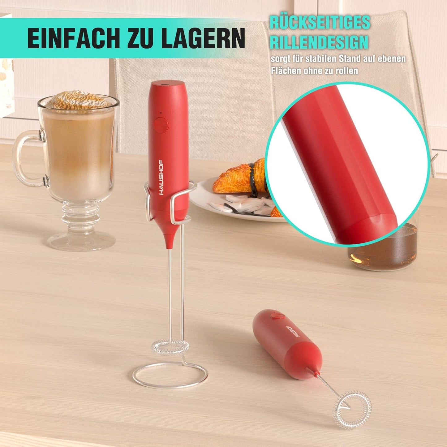 Wiederaufladbarer Hand-Milchaufschäumer mit Ständer, Rot