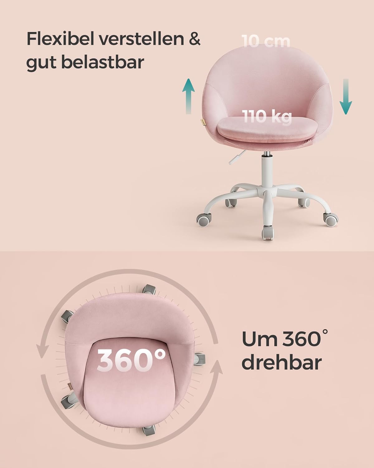 SONGMICS Homeoffice Stuhl, Pastellrosa Samt