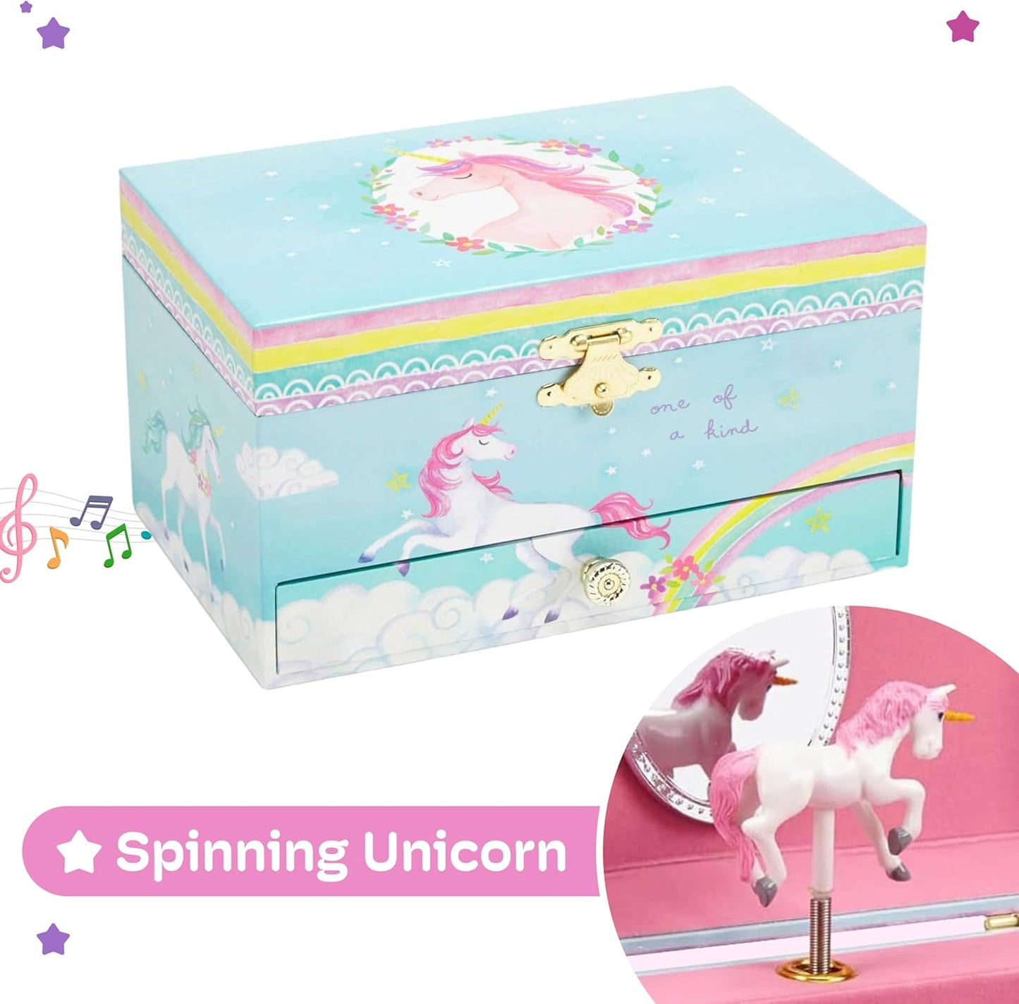 Einhorn-Spieluhr & Schmuckkästchen für Mädchen, Einhorn Blau mit Regenbogen