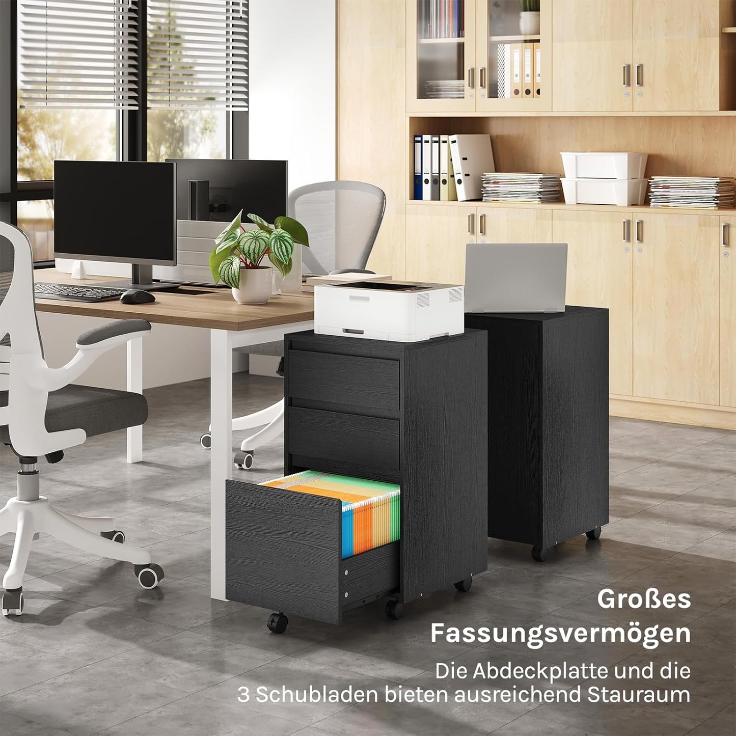 Mobiler Aktenschrank mit 3 Schubladen, 3 Ablagen(40T x 40B x 70H cm) Schwarz
