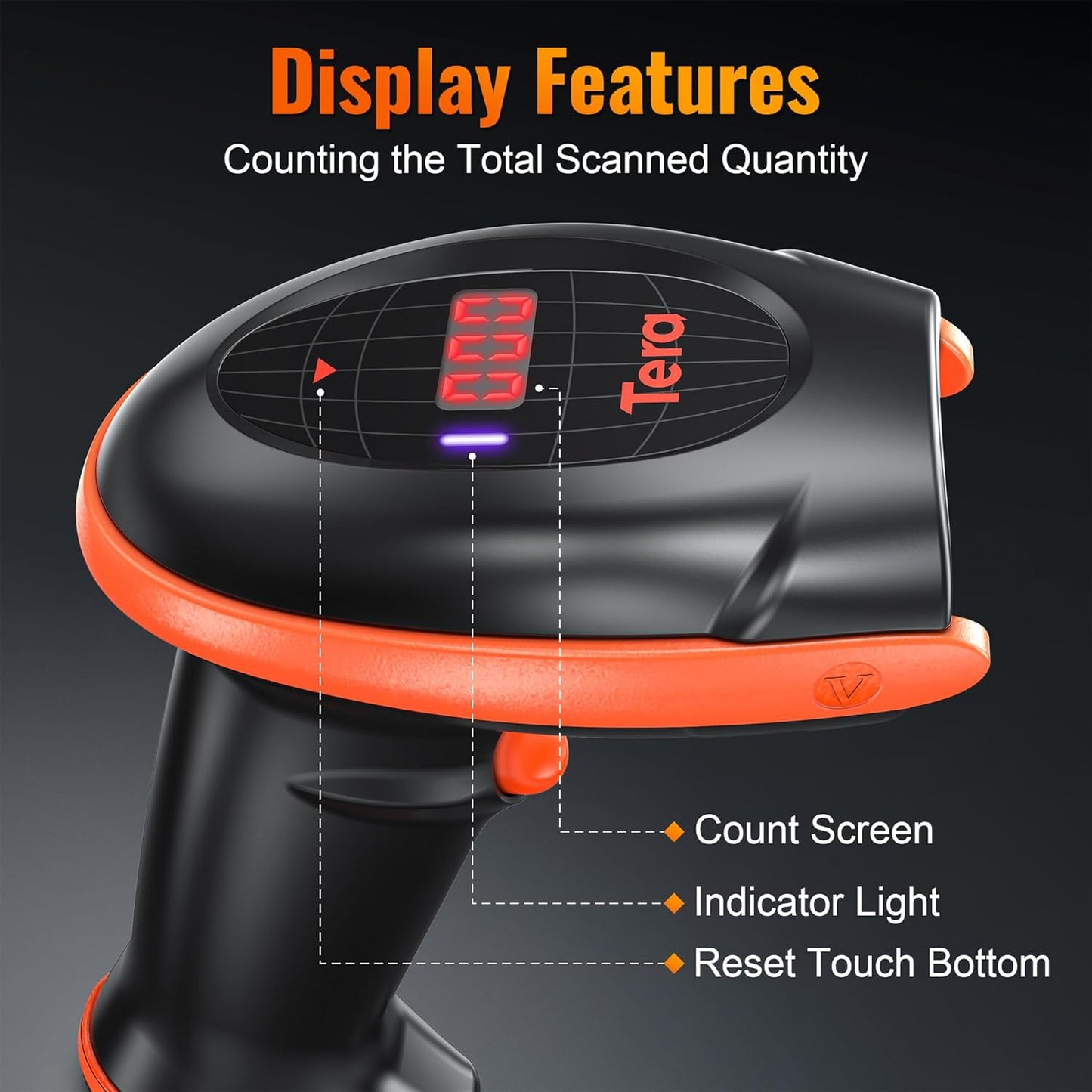 2D/1D Barcode-Scanner mit Ladestation und USB-Kabel, Mandarinfarben