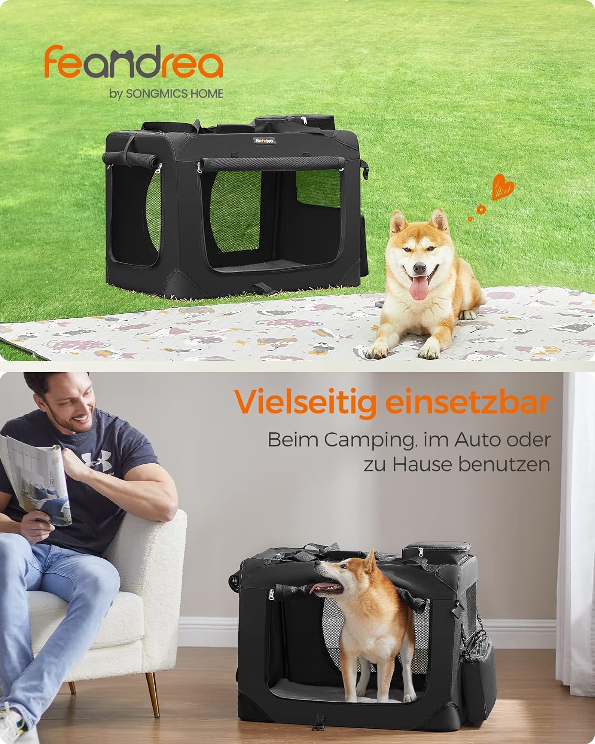 Faltbare Hundetransportbox mit Metallrahmen, Schwarz L 70 x B 52 x H 52 cm