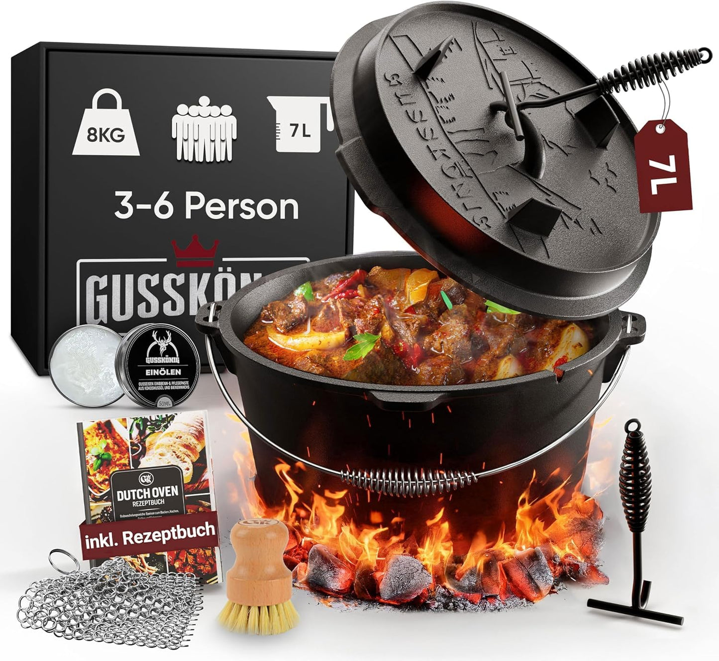Dutch Oven Set, Topf mit Fuss+Bürste 7 Liter