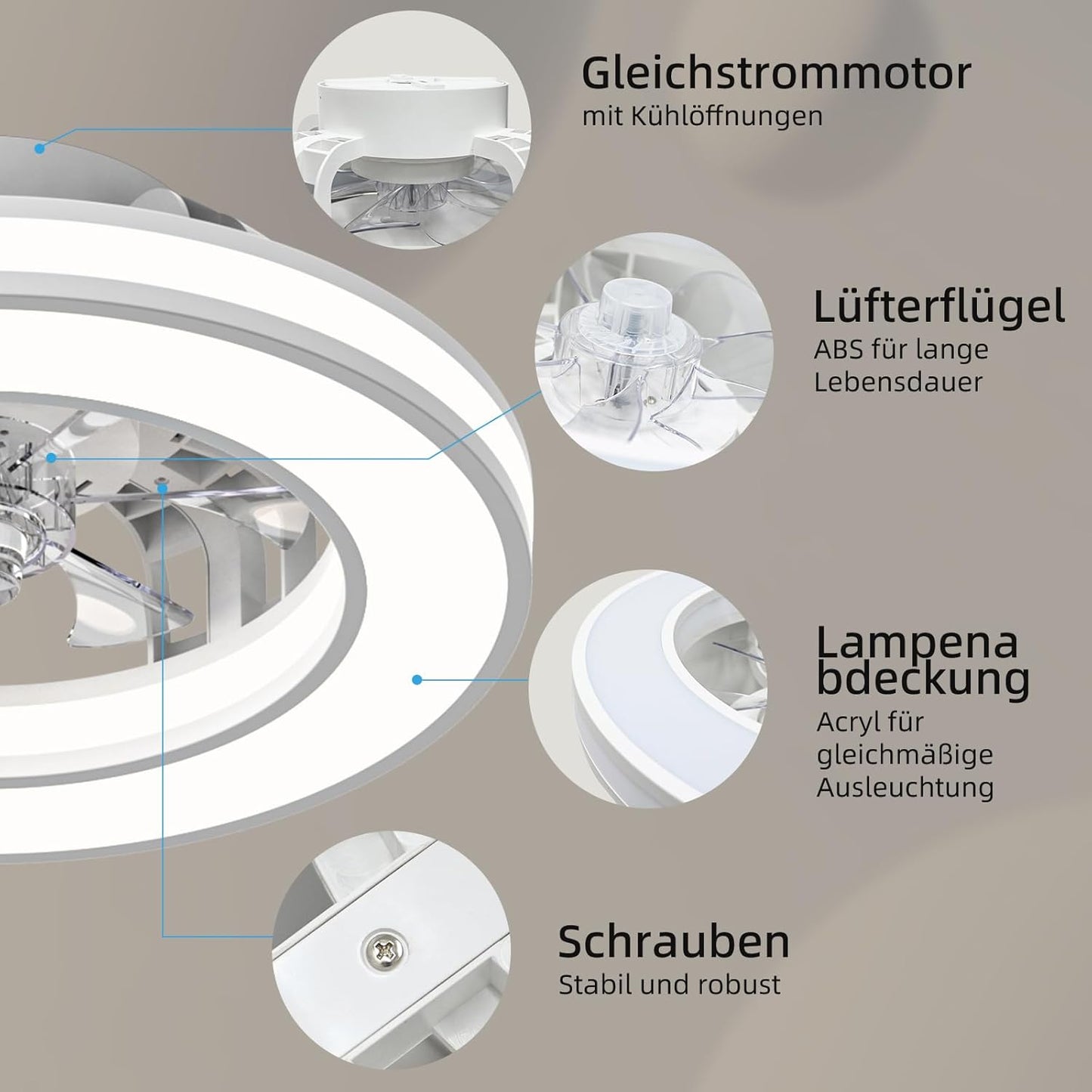 Deckenventilator mit Beleuchtung und Fernbedienung, Weiss 1 (3cct+rgb) 41.5CM