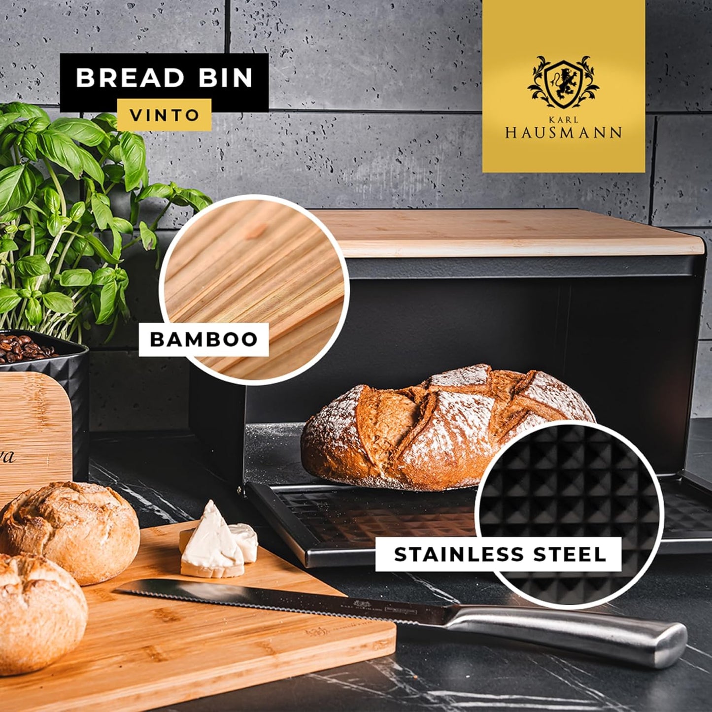 Brotkasten mit Bambusdeckel & Magnetverschluss, Schwarz