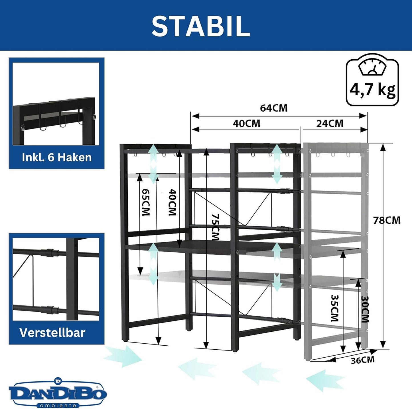 Verstellbares Mikrowellenregal, 3-stufig, Schwarz 3 Stufig / Höhe 78 cm