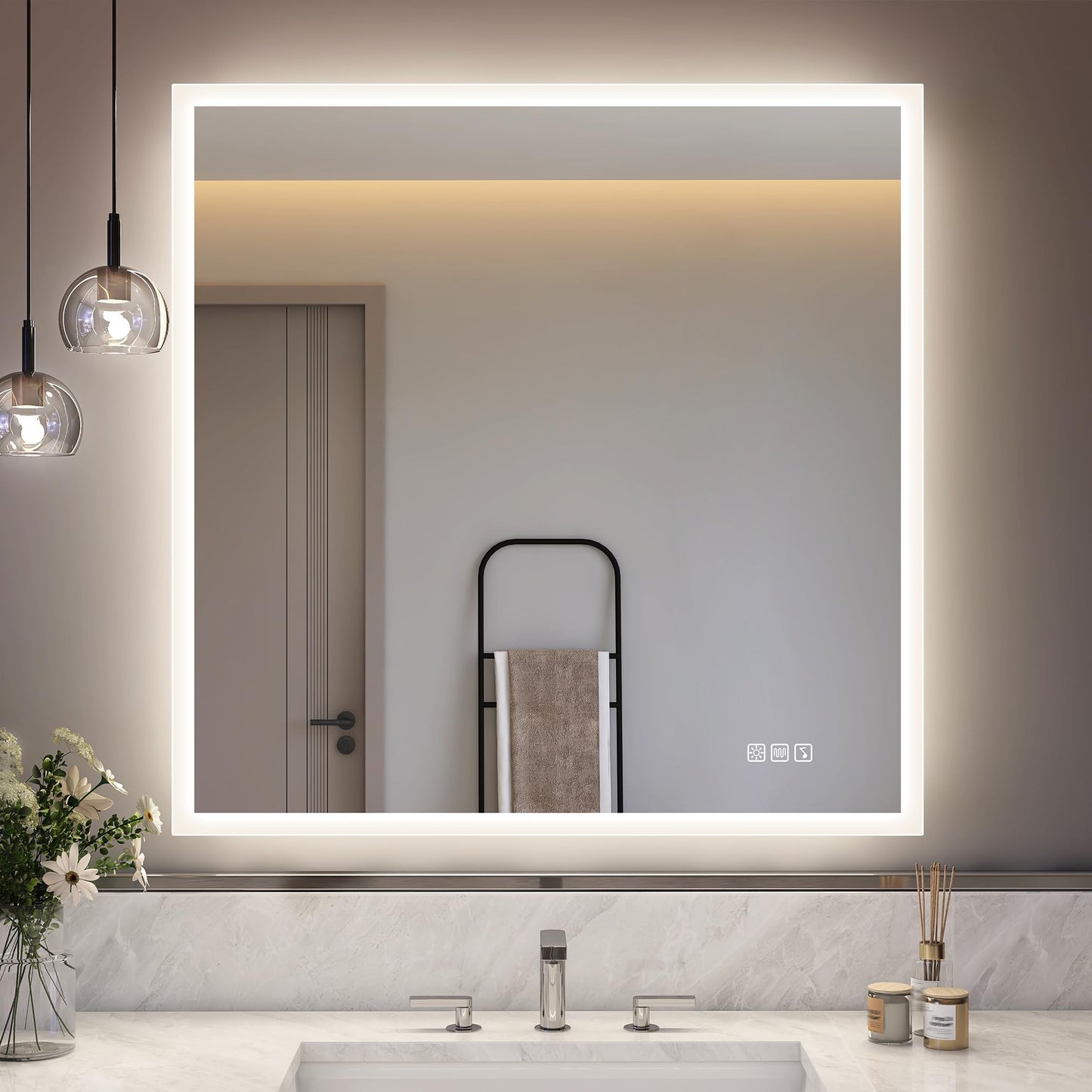 LED-Badspiegel mit Beleuchtung und Bluetooth (80x80 cm), M77 (Bluetooth) 80L x 80B cm