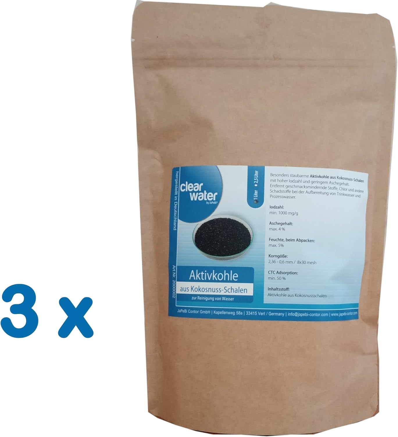 3x Aktivkohlegranulat für Trinkwasserfilter, 3L/1,5kg