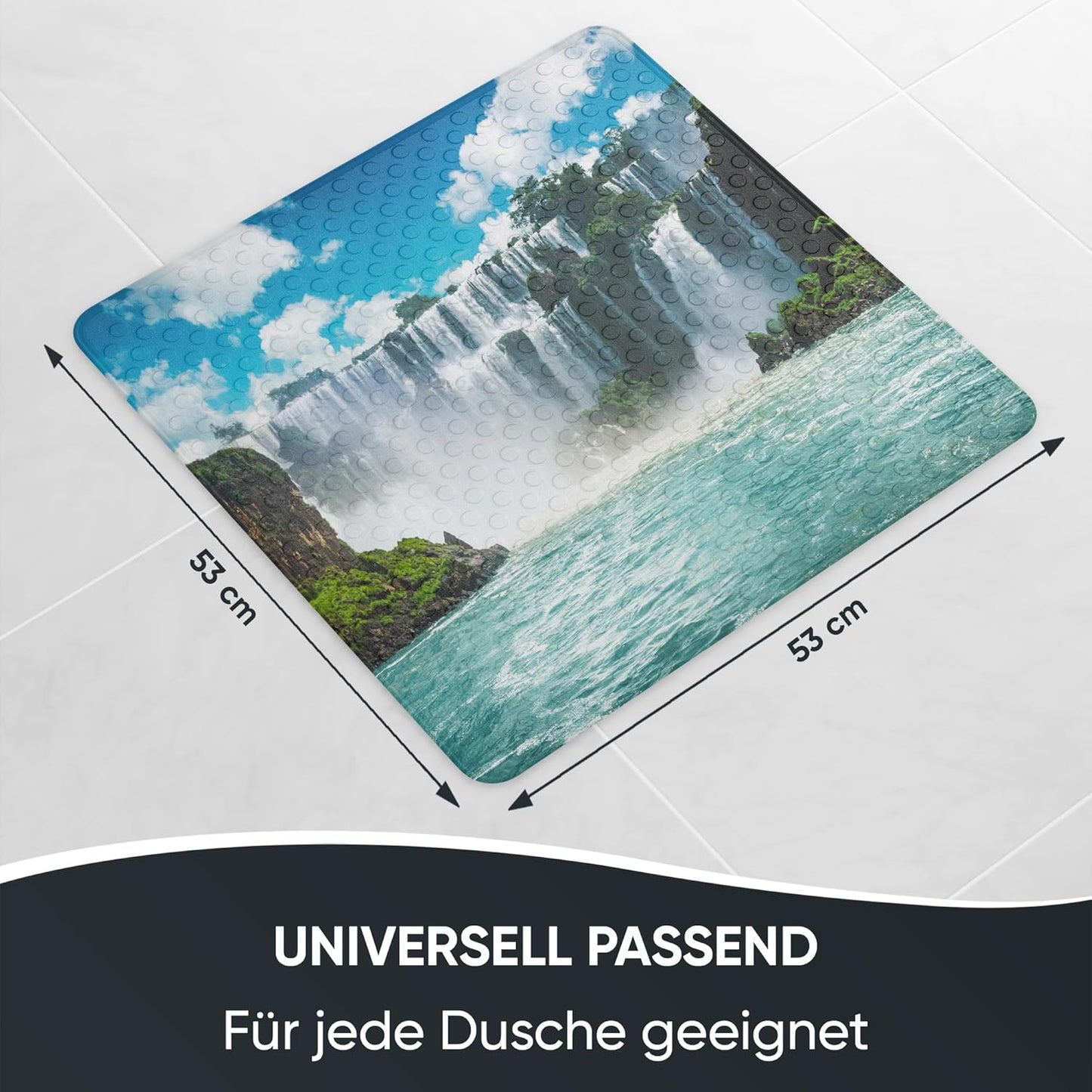 Rutschfeste Badematte 53x53 cm, maschinenwaschbar, Wasserfall