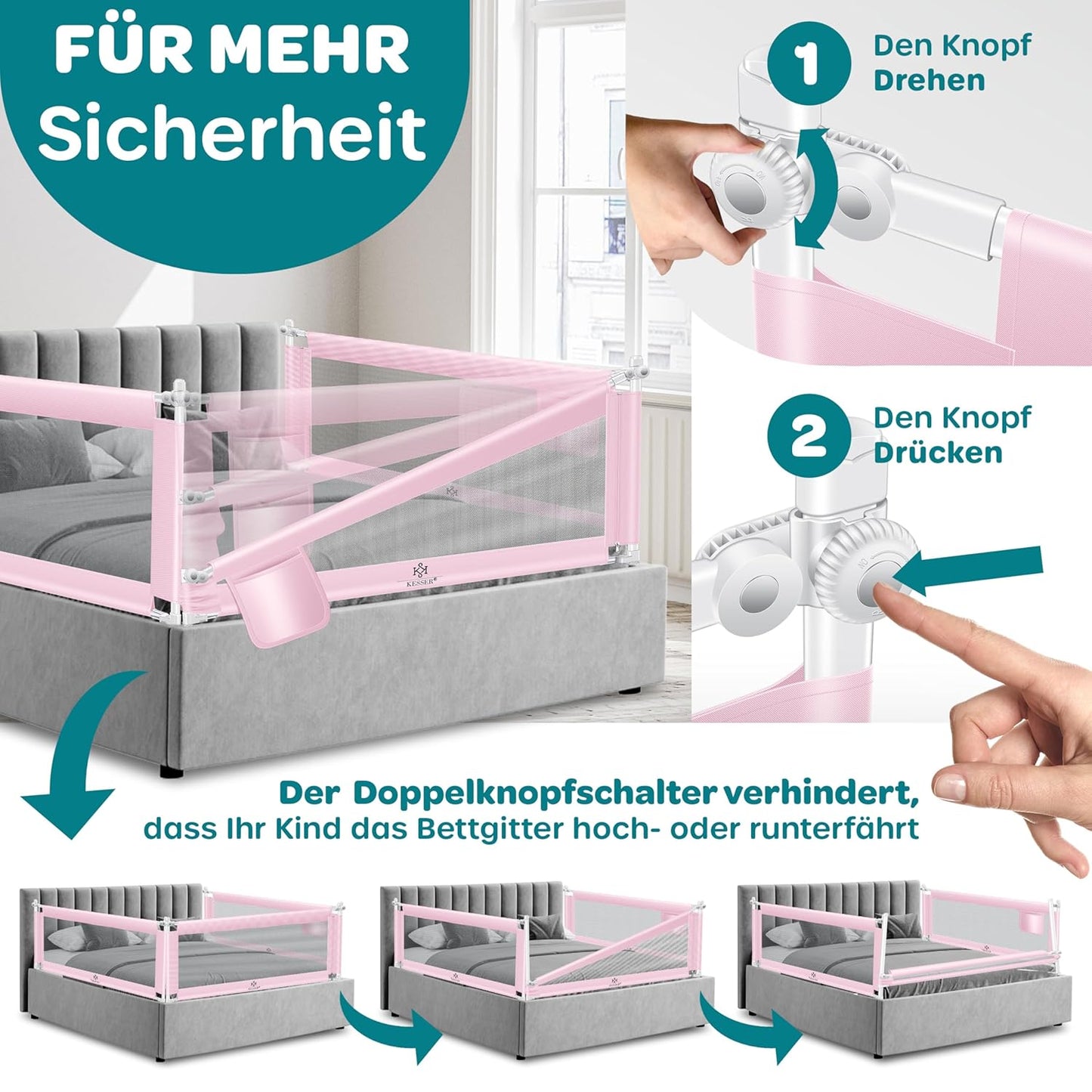 Höhenverstellbares Bettschutzgitter, Rosa 150cm