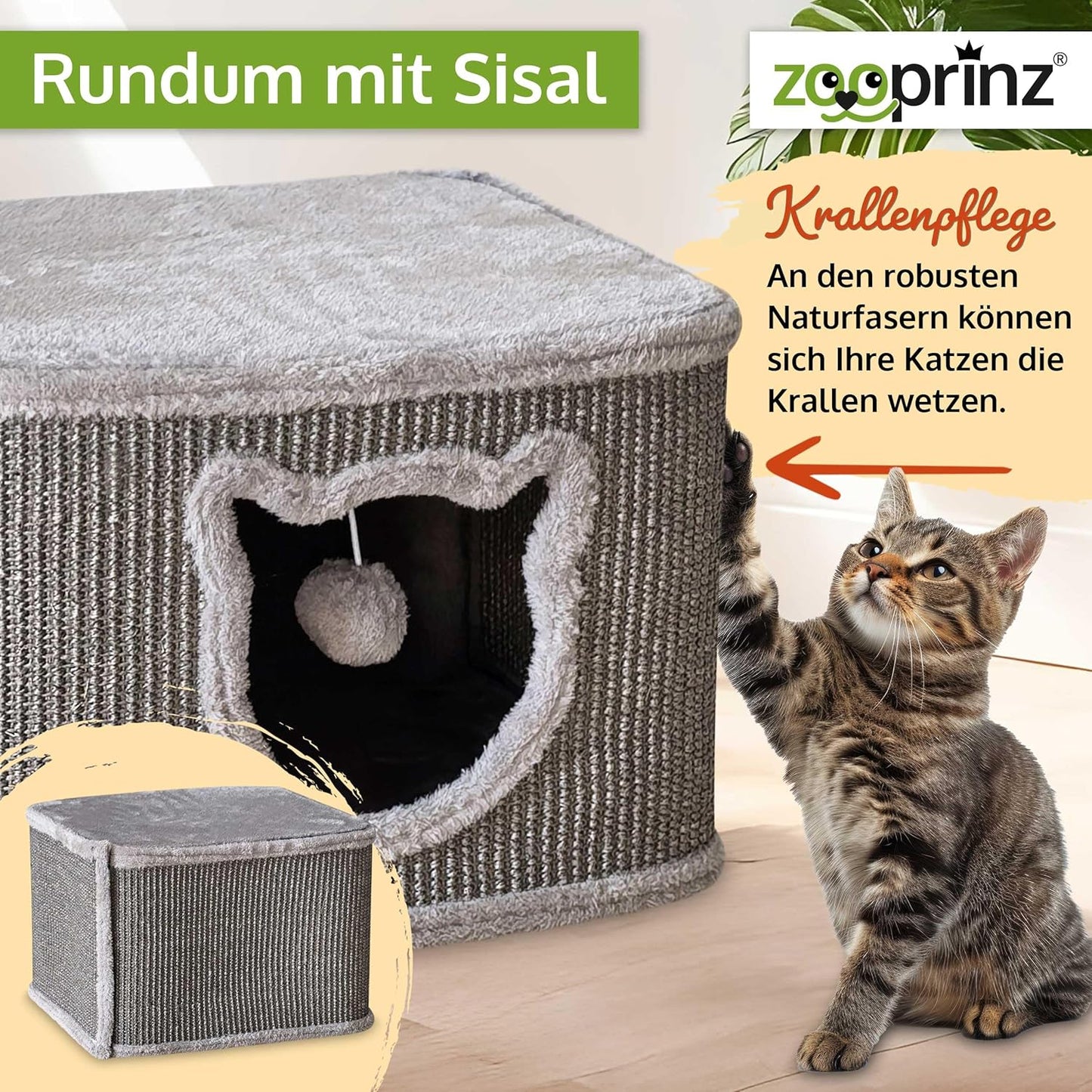 Katzenhaus mit Sisalwänden und Plüschhöhle, Grau