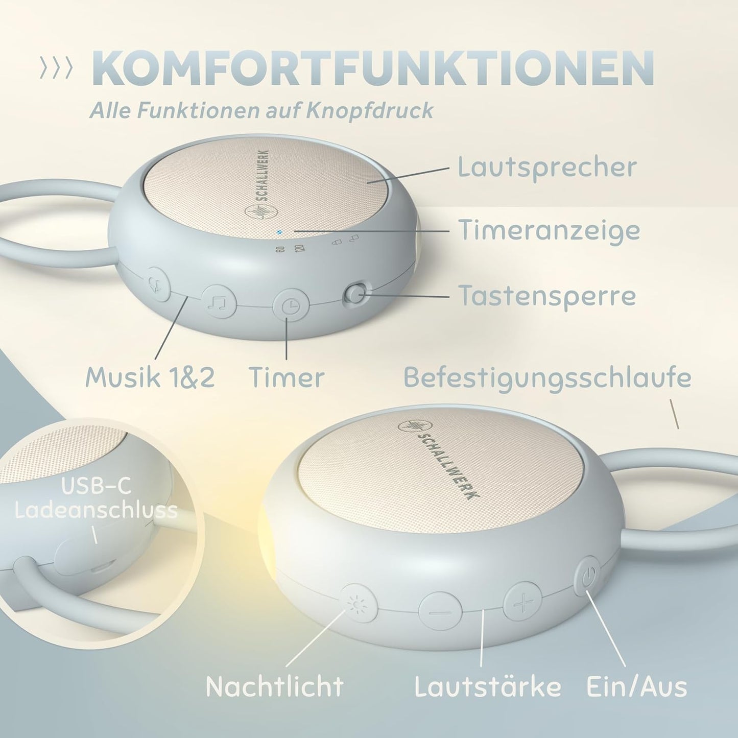 White Noise Machine mit Naturgeräuschen & Nachtlicht, Stone Grey