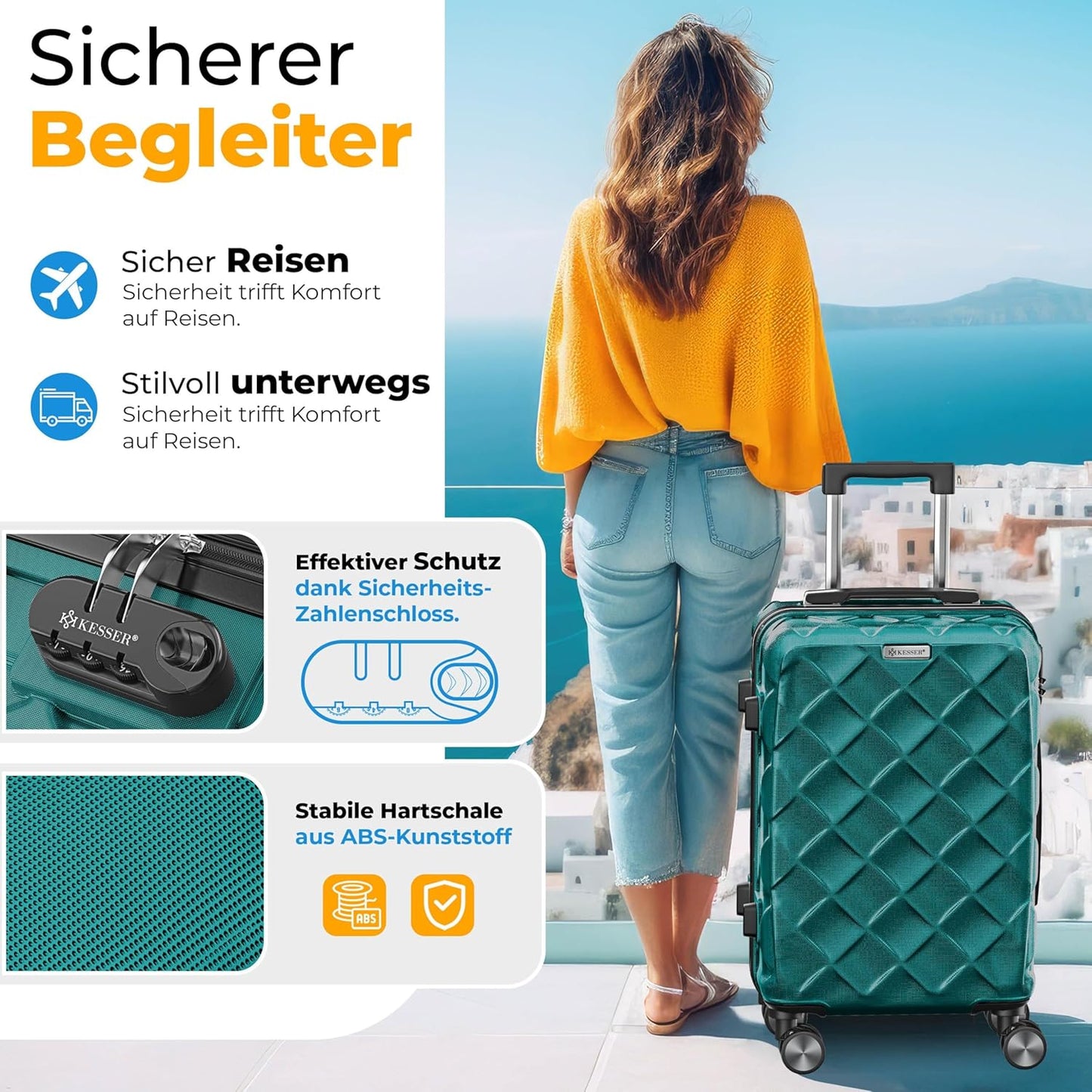 Reisekoffer-Set (3-teilig) mit Zahlenschloss & Zubehör, Petrol Teal