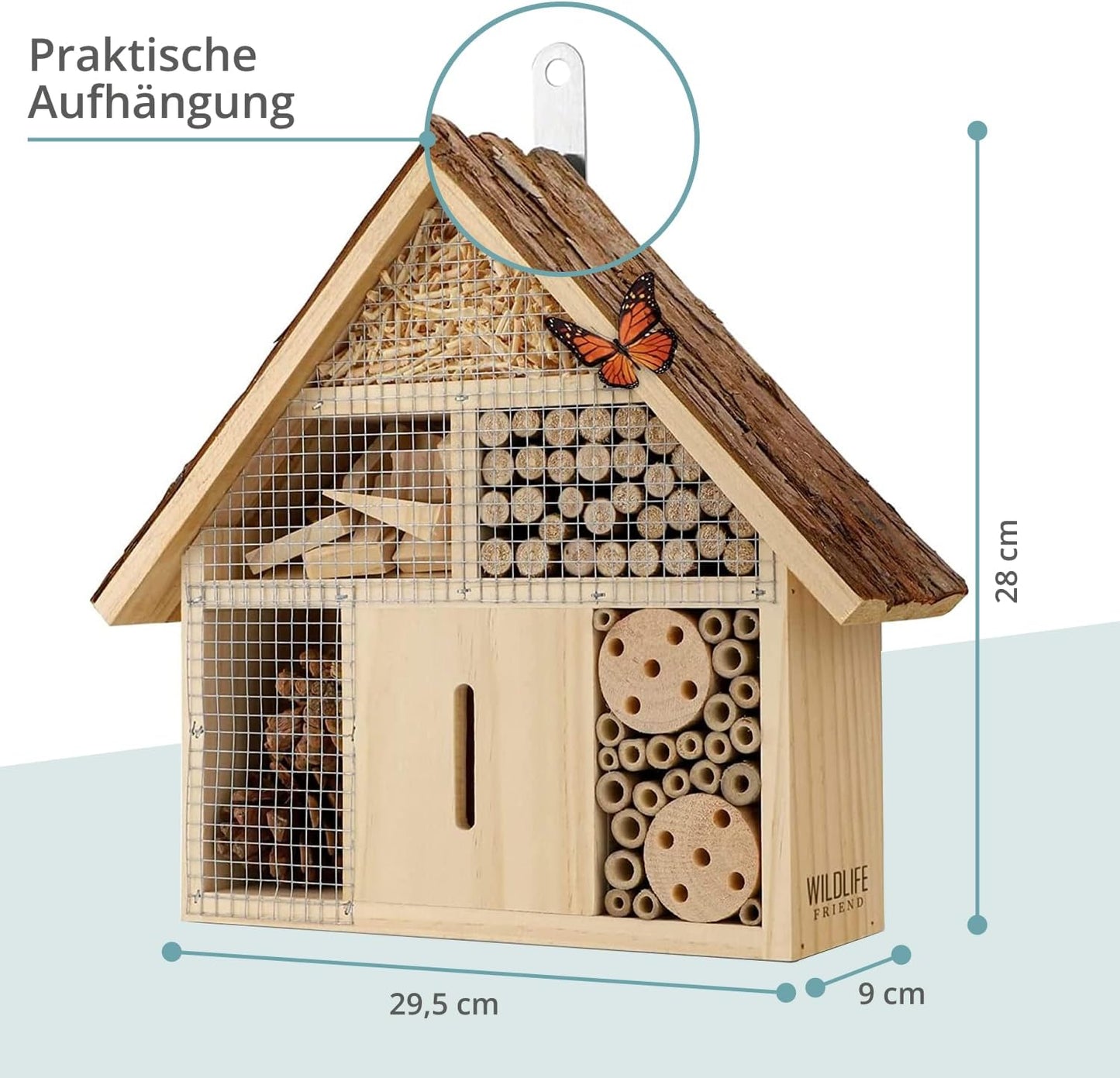 Insektenhotel mit Bambusröhren und Nistkammern, Rindendach