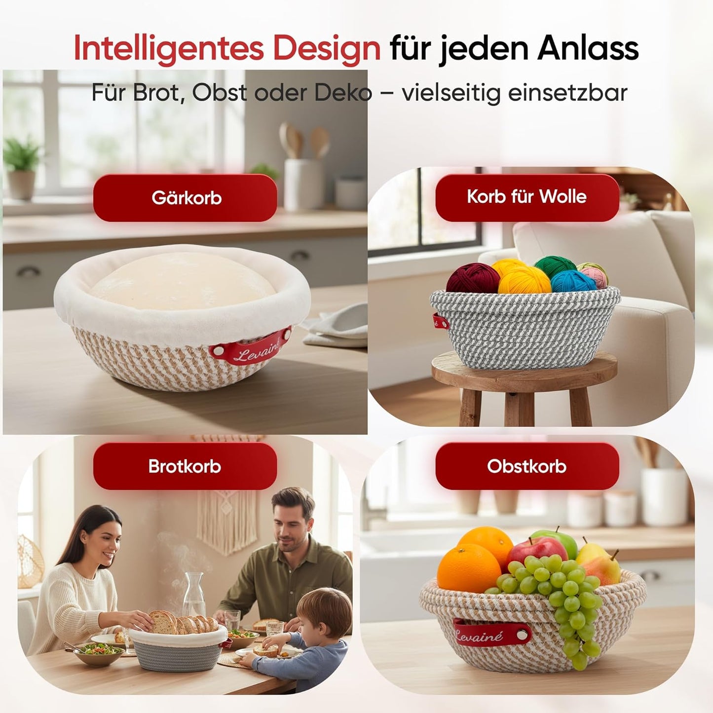 Gärkörbchen-Set, Rund Gelb/Weiss + Oval Grau/Weiss