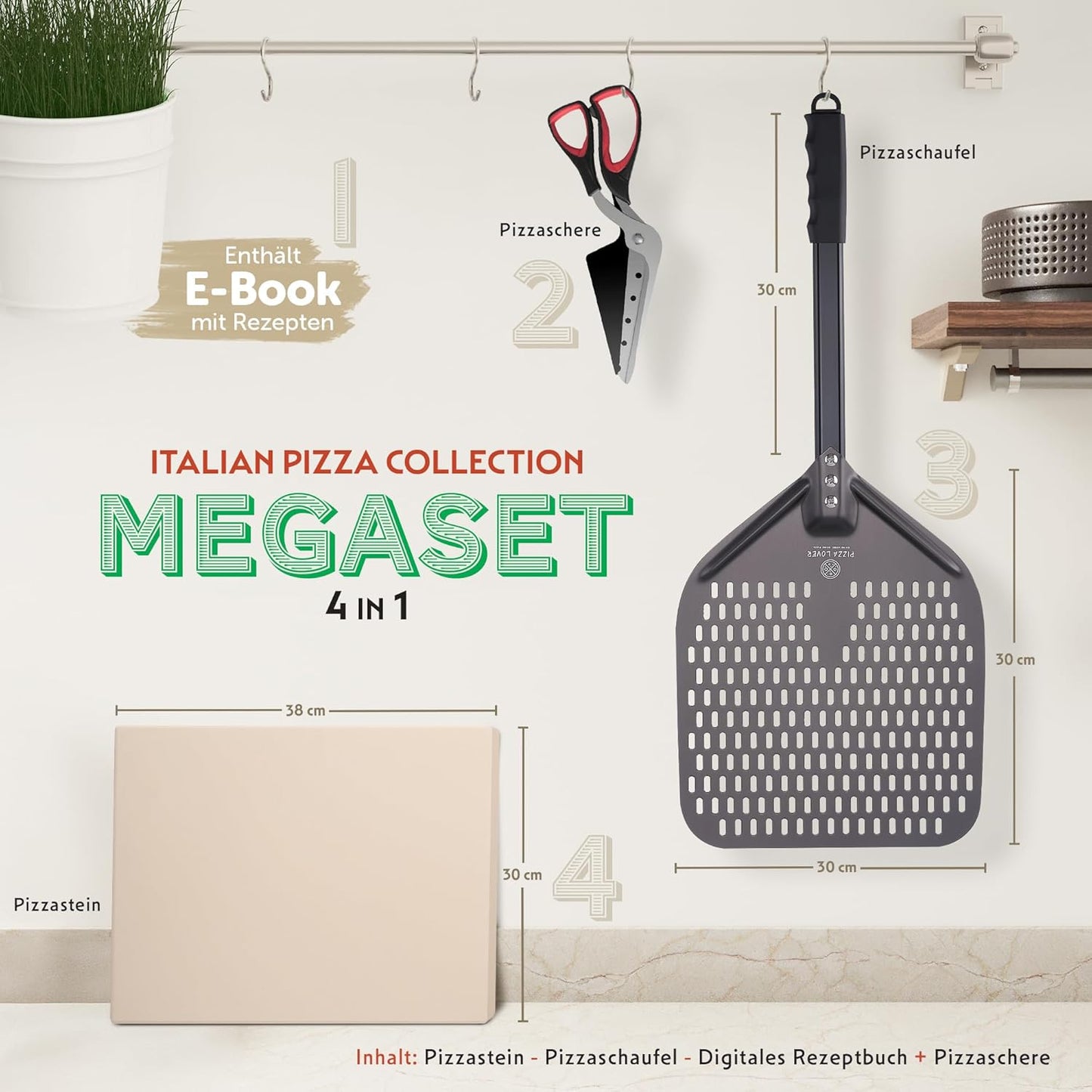 Pizzastein-Set für Ofen & Grill, Set mit Schere